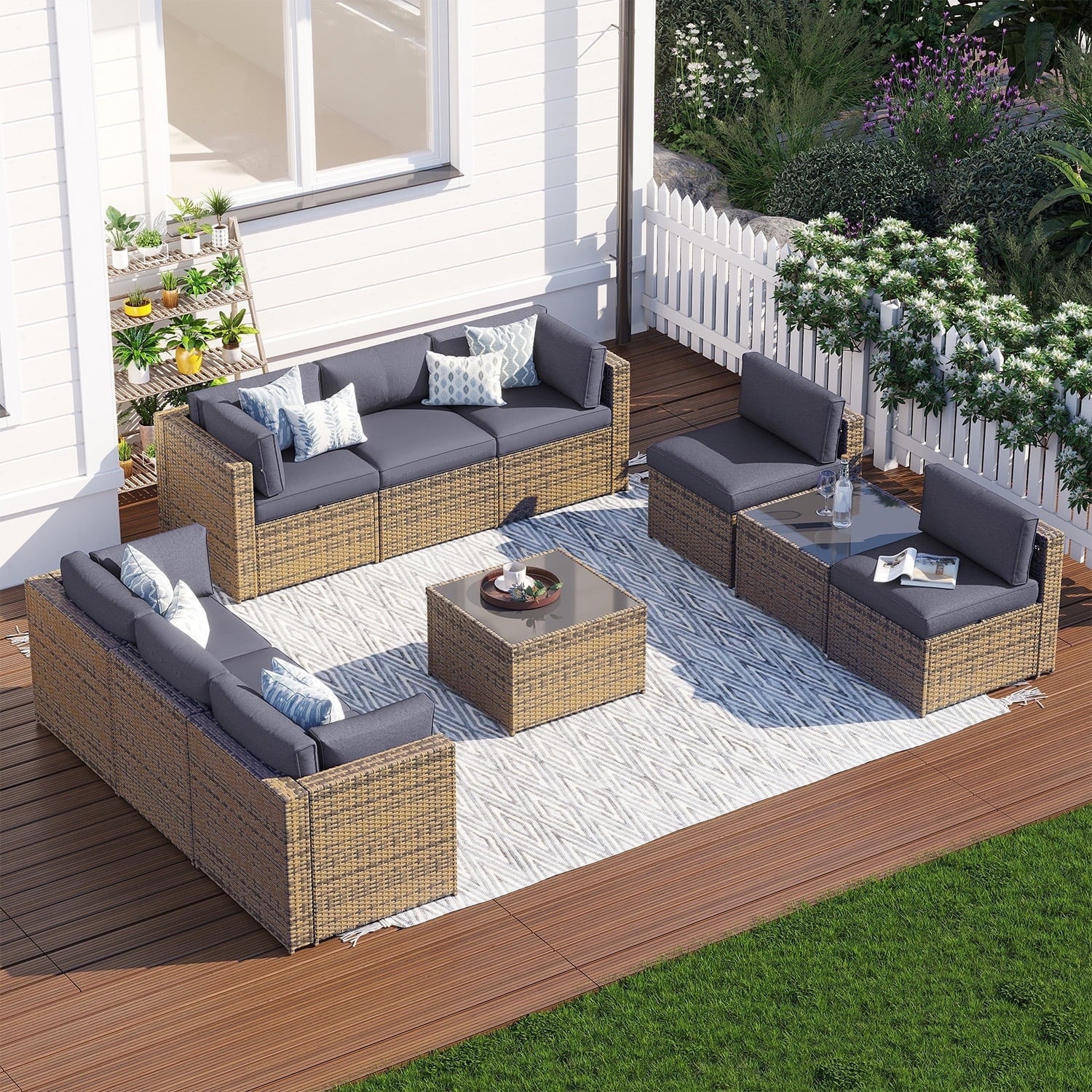 Clouddwell 10 Piece Patio Furniture Set Wicker Rattan Patio Conversation Set Outdoor Sectional Sofa Set with Coffee Table and Gray Cushions(Waterproof Cover Included)