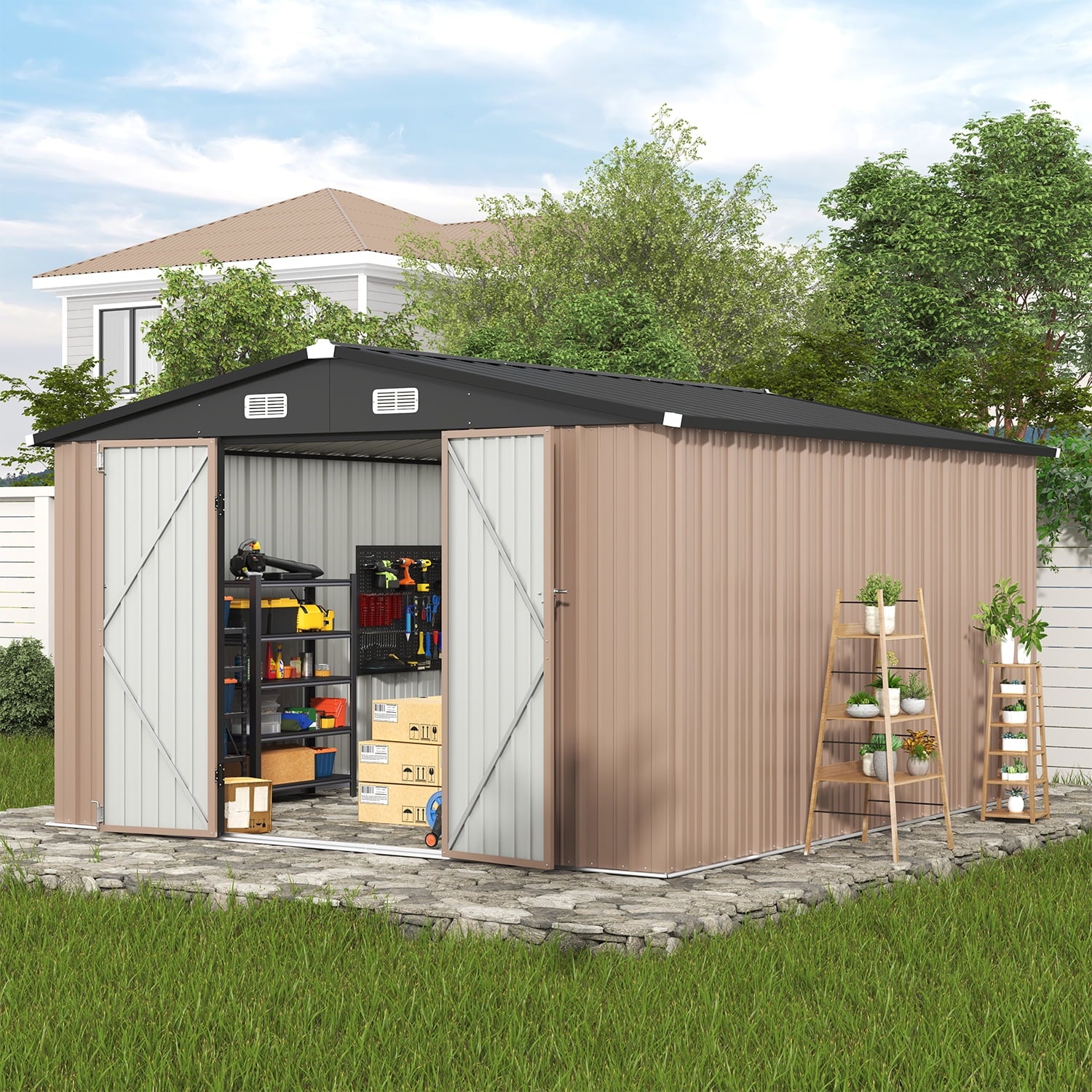 Clouddwell 10x12 ft. Metal Storage Shed, Waterproof Steel Garden Shed with Lock, Brown