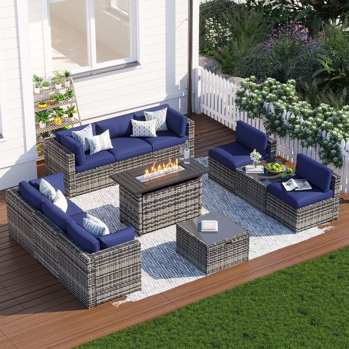 Clouddwell 11 Piece Patio Furniture Set with 44” Fire Pit Table Wicker Rattan Patio Conversation Set Outdoor Sectional Sofa Set with Coffee Table and Blue Cushions