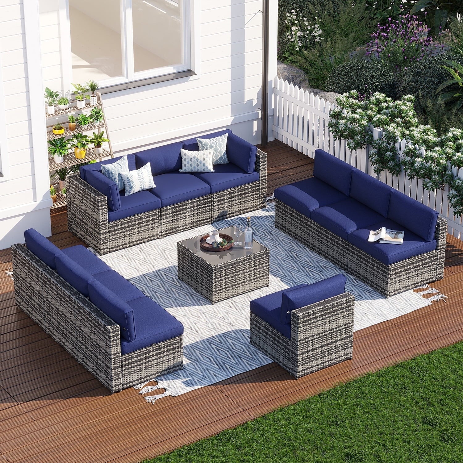Clouddwell 11 Piece Patio Furniture Set Wicker Rattan Patio Conversation Set Outdoor Sectional Sofa Set with Coffee Table and Blue Cushions(Waterproof Cover Included)