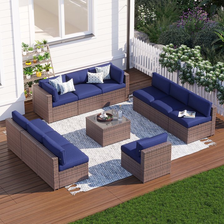 Clouddwell 11 Piece Patio Furniture Set Wicker Rattan Patio Conversation Set Outdoor Sectional Sofa Set with Coffee Table and Blue Cushions