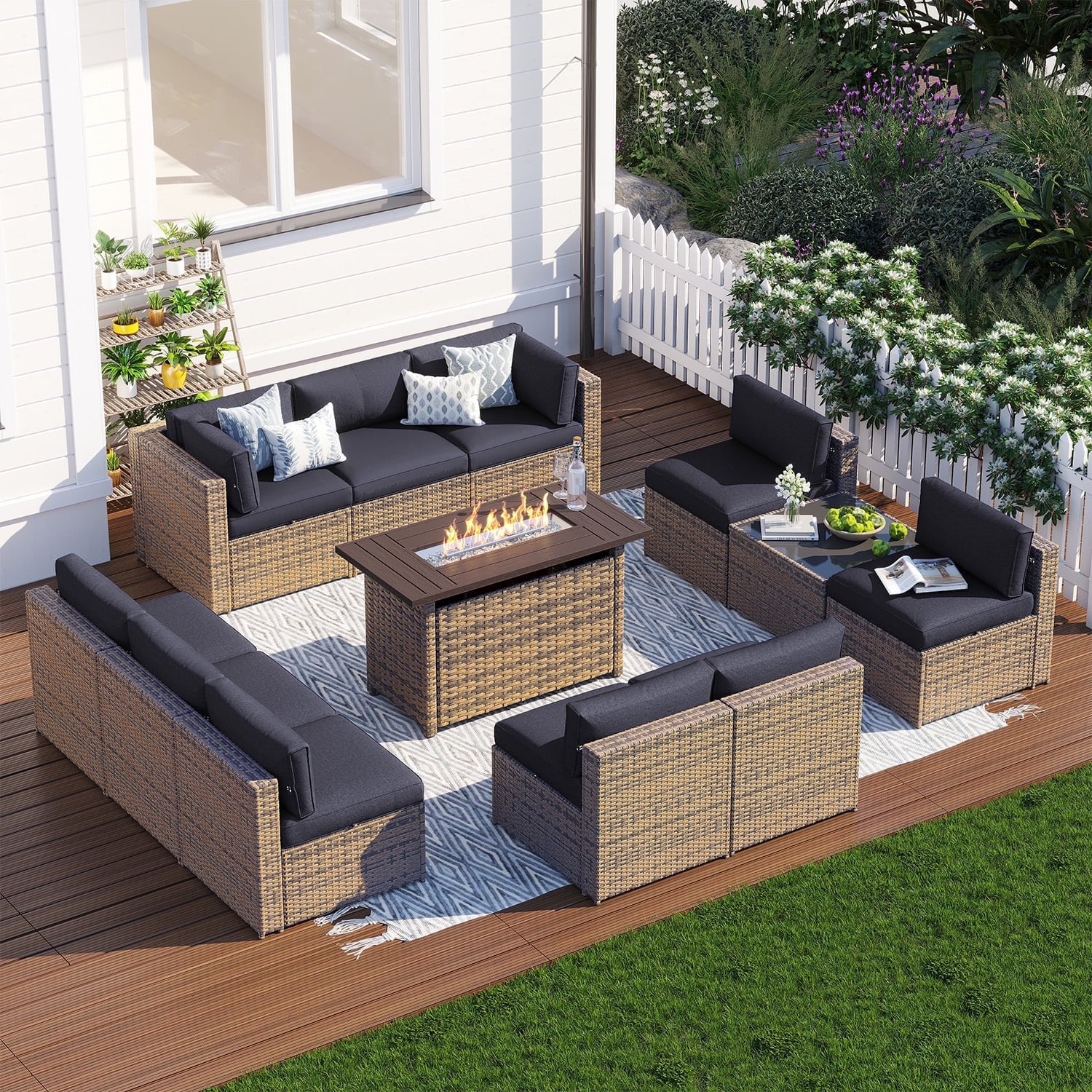 Clouddwell 12 Piece Patio Furniture Set with 44” Fire Pit Table Wicker Rattan Patio Conversation Set Outdoor Sectional Sofa Set with Coffee Table and Black Cushions(Waterproof Cover Included)