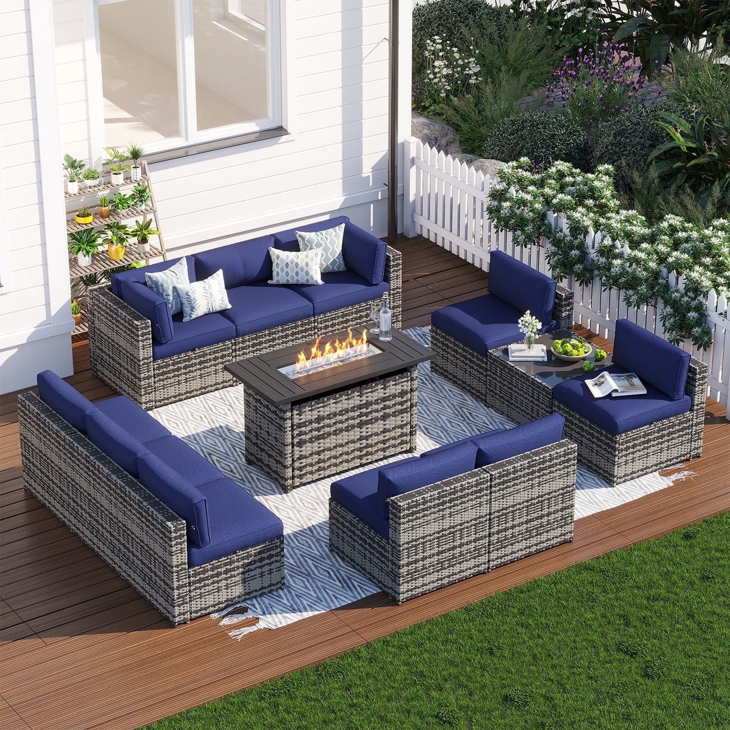 Clouddwell 12 Piece Patio Furniture Set with 44” Fire Pit Table Wicker Rattan Patio Conversation Set Outdoor Sectional Sofa Set with Coffee Table and Blue Cushions(Waterproof Cover Included)