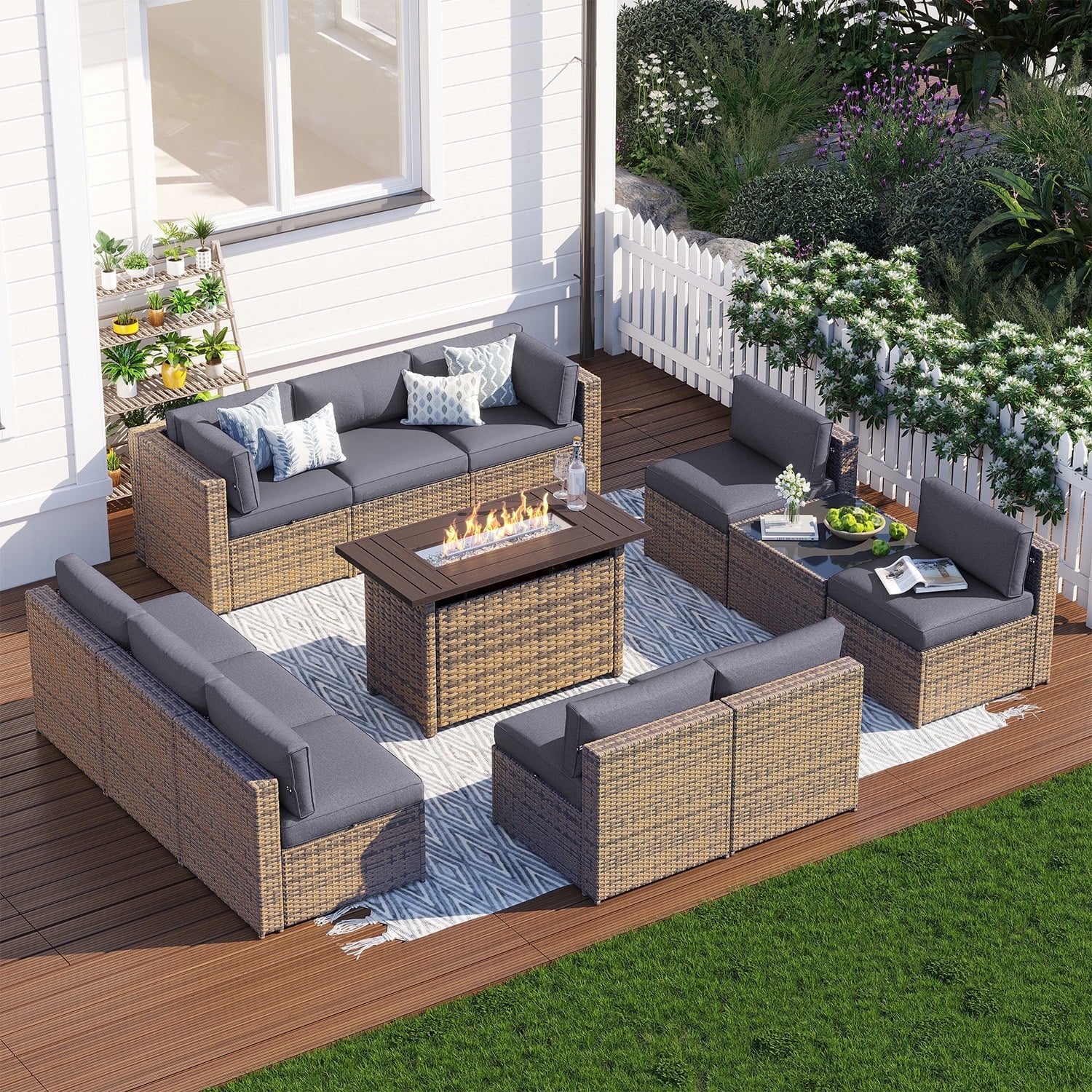 Clouddwell 12 Piece Patio Furniture Set with 44” Fire Pit Table Wicker Rattan Patio Conversation Set Outdoor Sectional Sofa Set with Coffee Table and Gray Cushions(Waterproof Cover Included)
