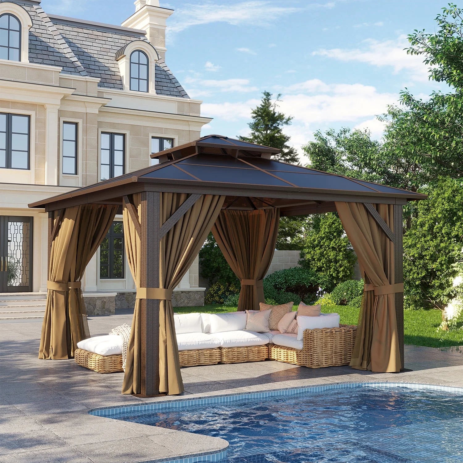 Clouddwell 12'x12' Hardtop Gazebo - Polycarbonate Double Roof with Netting & Curtains for Patio, Garden Sun Protection,Browm