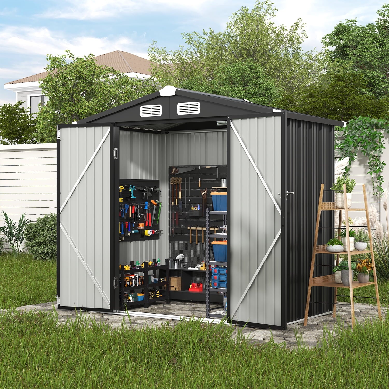 Clouddwell 6 ft. x 4 ft. Outdoor Storage Shed, Black Metal Garden Shed with Lockable Doors & Sloped Roof for Backyard, Patio, Poolside