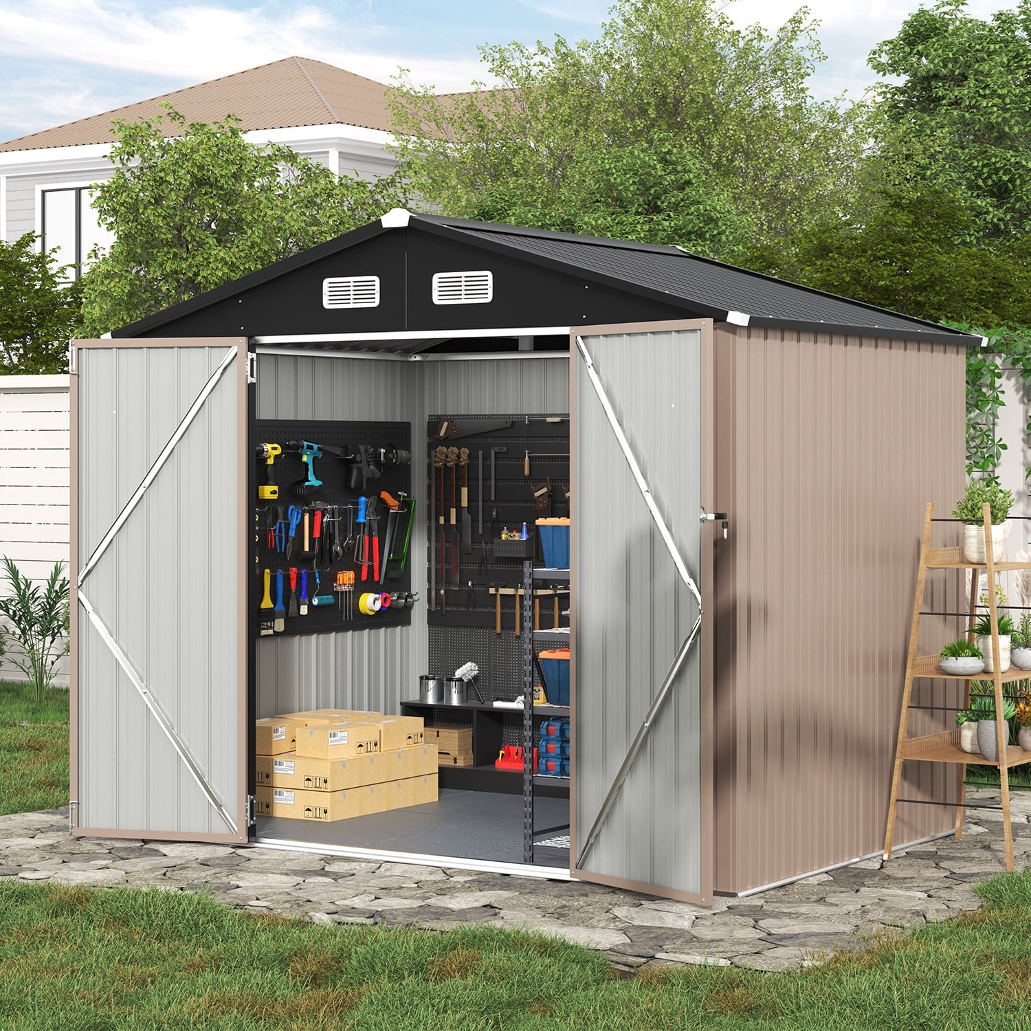 Clouddwell 7.4x5.3ft Galvanized Steel Storage Shed with Floor & Double Doors - Brown