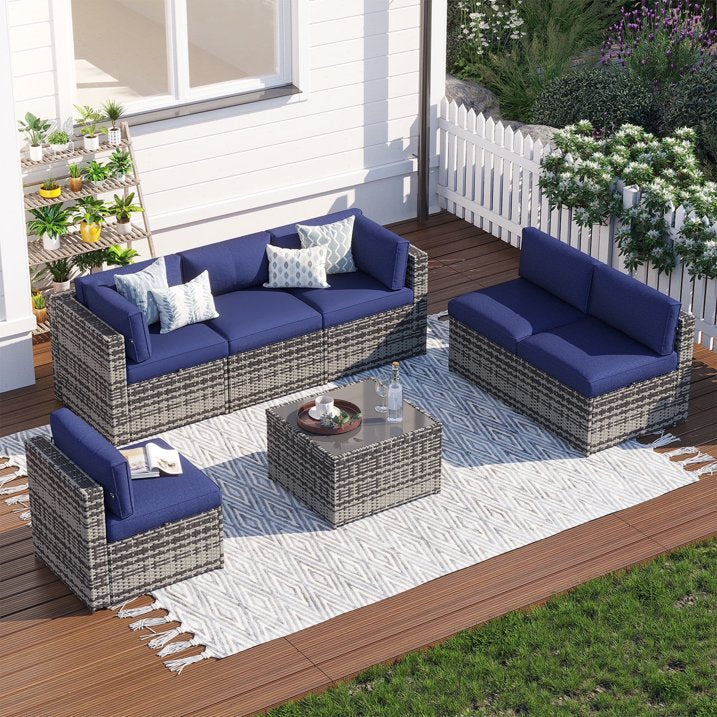 Clouddwell 7 Piece Patio Furniture Set Wicker Rattan Patio Conversation Set Outdoor Sectional Sofa Set with Coffee Table and Blue Cushions(Waterproof Cover Included)