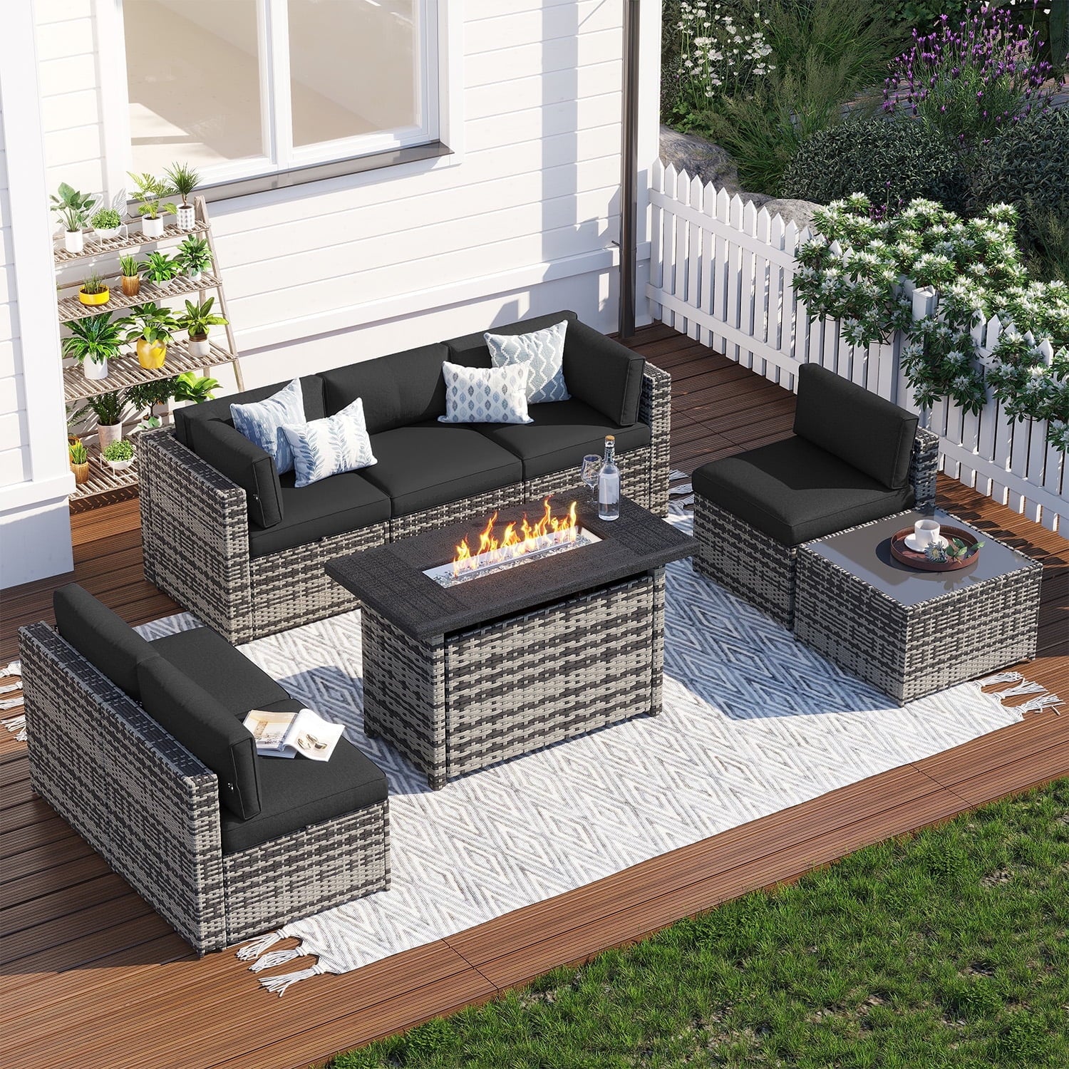 Clouddwell 8 Piece Patio Furniture Set with 44” Fire Pit Table Wicker Rattan Patio Conversation Set Outdoor Sectional Sofa Set with Coffee Table and Black Cushions(Waterproof Cover Included)