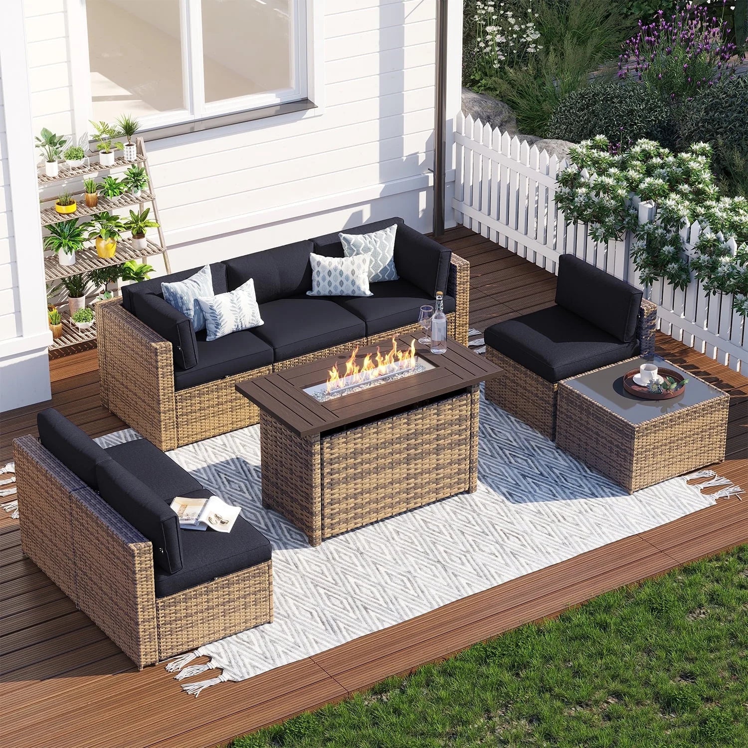 Clouddwell 8 Piece Patio Furniture Set with 44” Fire Pit Table Wicker Rattan Patio Conversation Set Outdoor Sectional Sofa Set with Coffee Table and Black Cushions(Waterproof Cover Included)