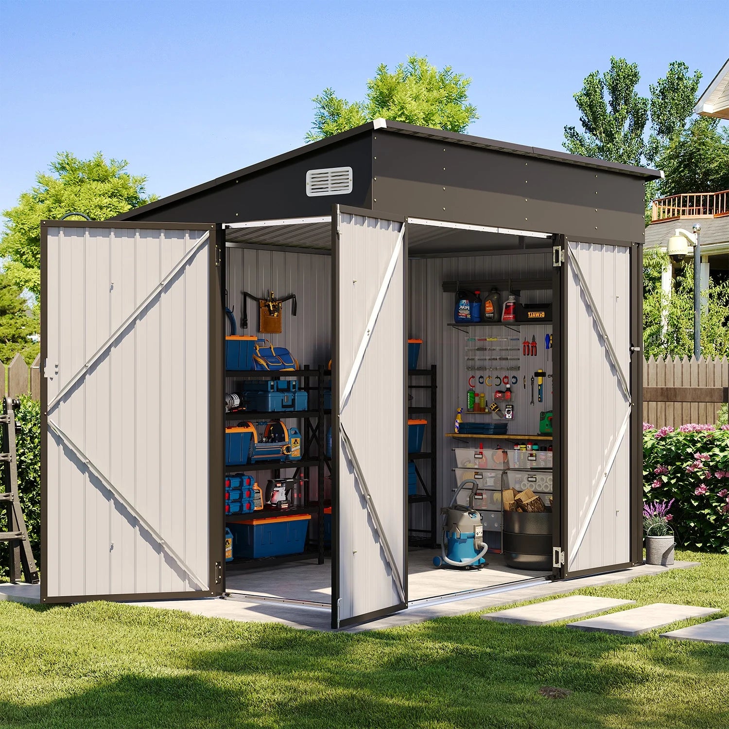 Clouddwell 8ft x 6ft Heavy-Duty Metal Storage Shed with 3 Doors, Lockable Lean-To Design, Weatherproof for Garden & Tools (Black)
