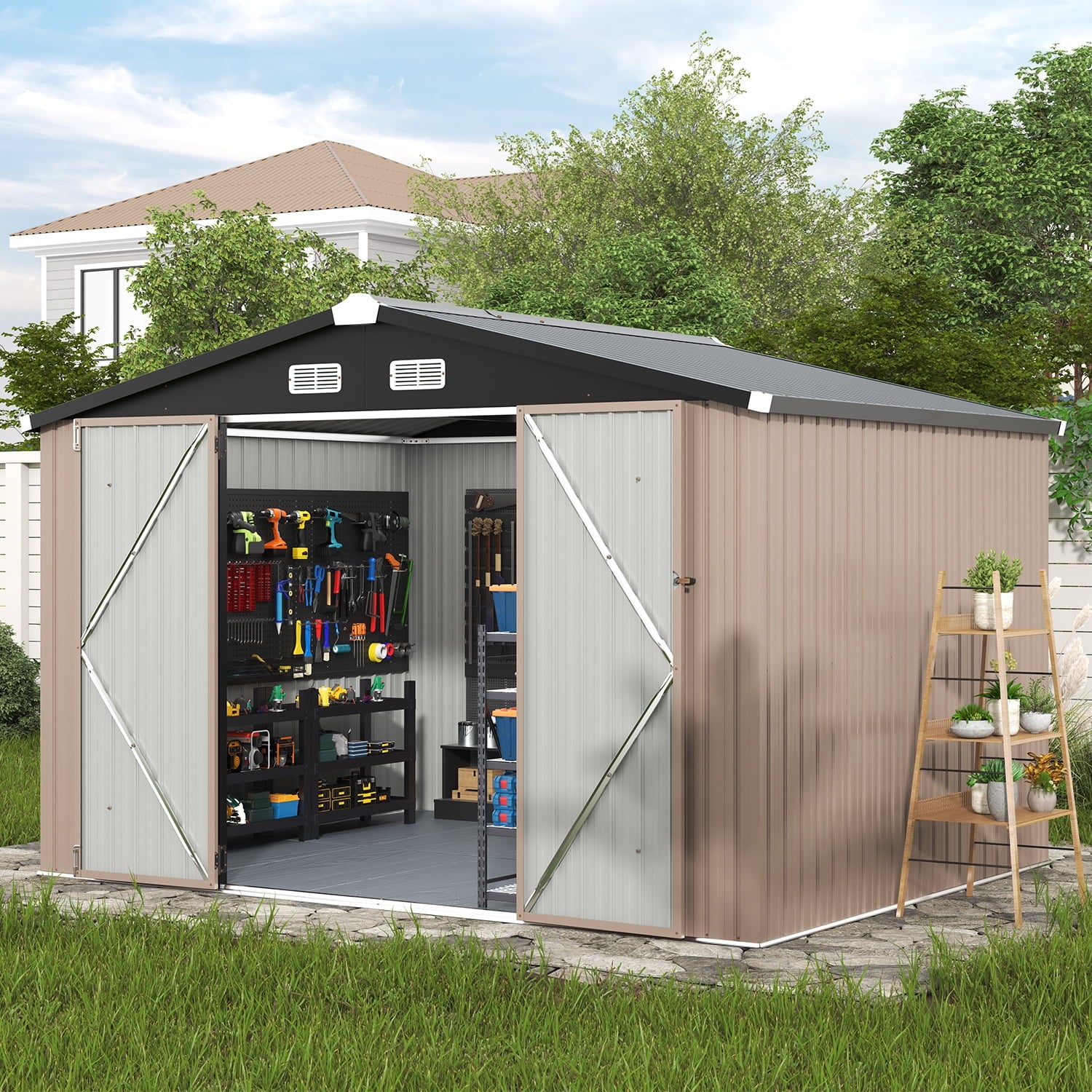 Clouddwell 9.5x7.5ft Galvanized Steel Storage Shed with Floor & Double Doors - Brown