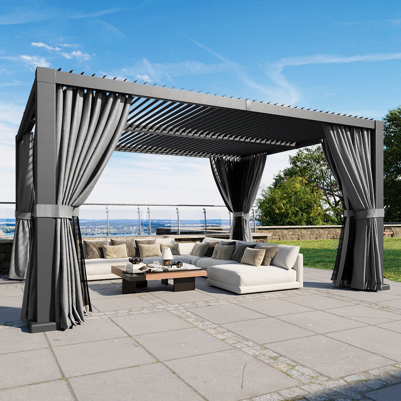 Louvered Pergola 12' x 16' Outdoor Aluminum Pergola with Adjustable Top for Decks, Gardens and Backyards, Gray