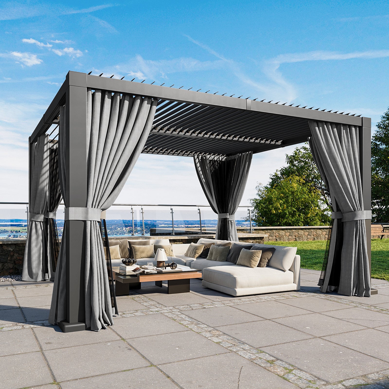Louvered Pergola 12' x 14' Outdoor Aluminum Pergola with Adjustable Top for Decks, Gardens and Backyards, Gray