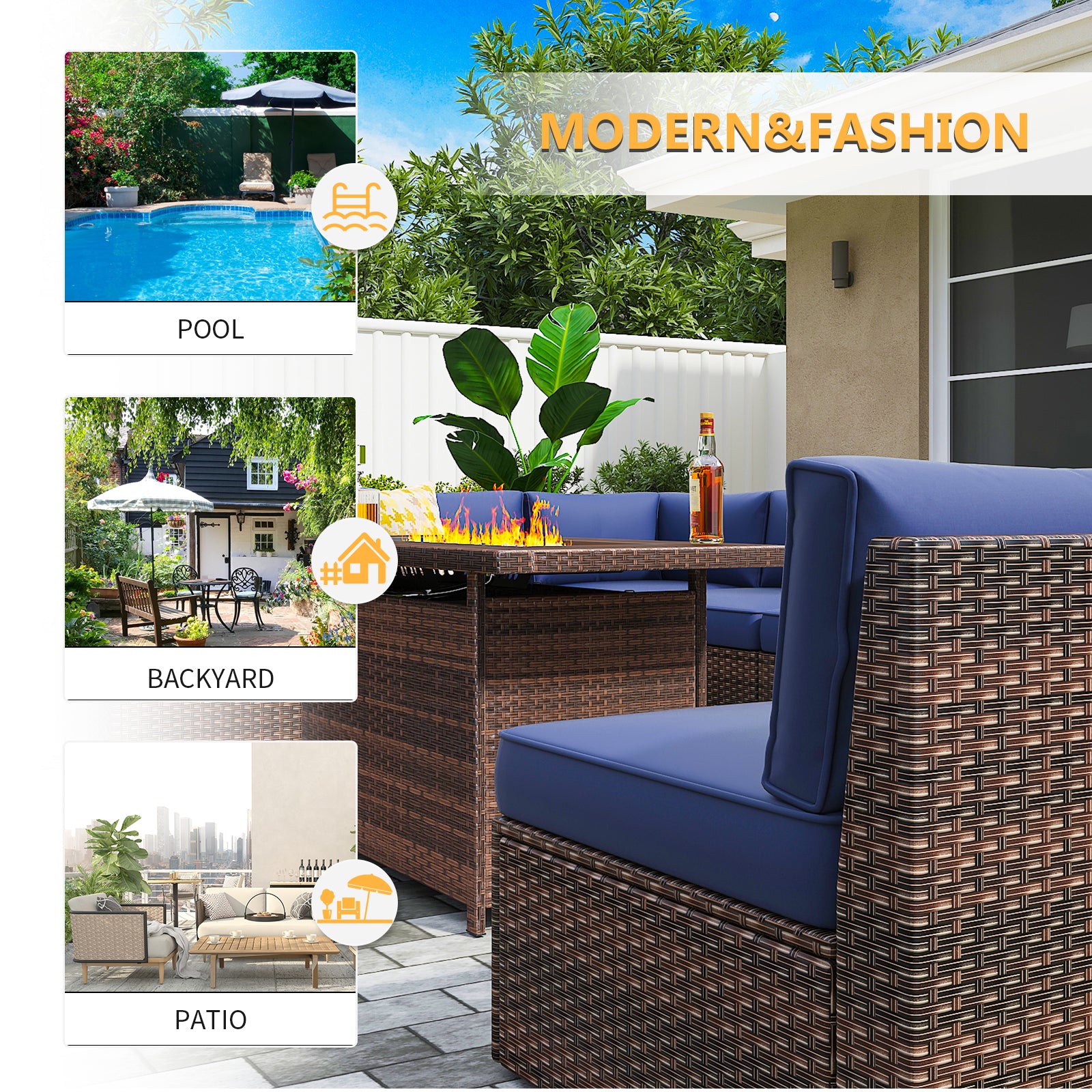 7 Pieces Outdoor Patio Furniture Sets with 44'' Fire Pit Table, PE Rattan Wicker Sectional Sofa with Coffee Table for Lawn, Backyard,Balcony, Blue