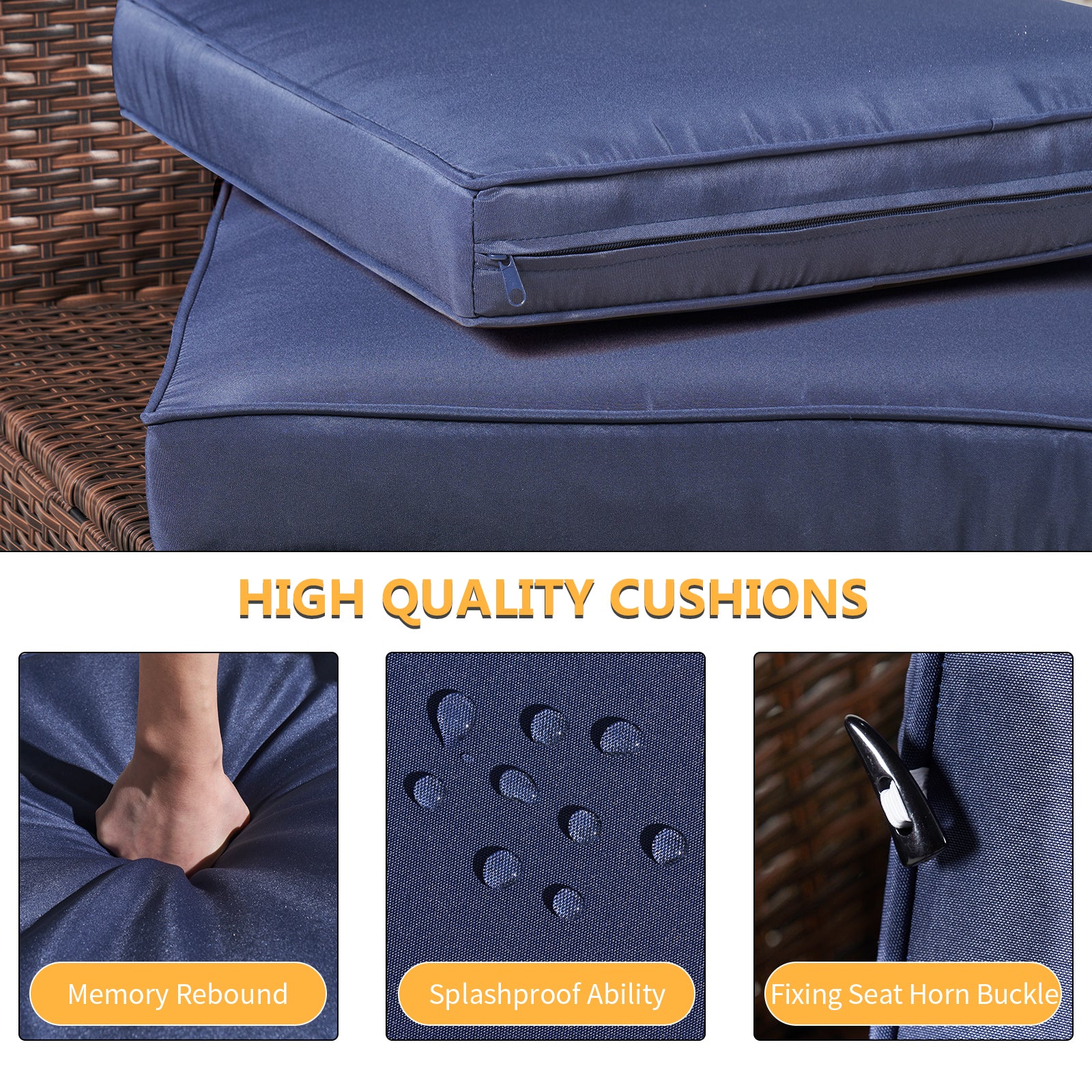 7 Pieces Outdoor Patio Furniture Sets with 44'' Fire Pit Table, PE Rattan Wicker Sectional Sofa with Coffee Table for Lawn, Backyard,Balcony, Blue