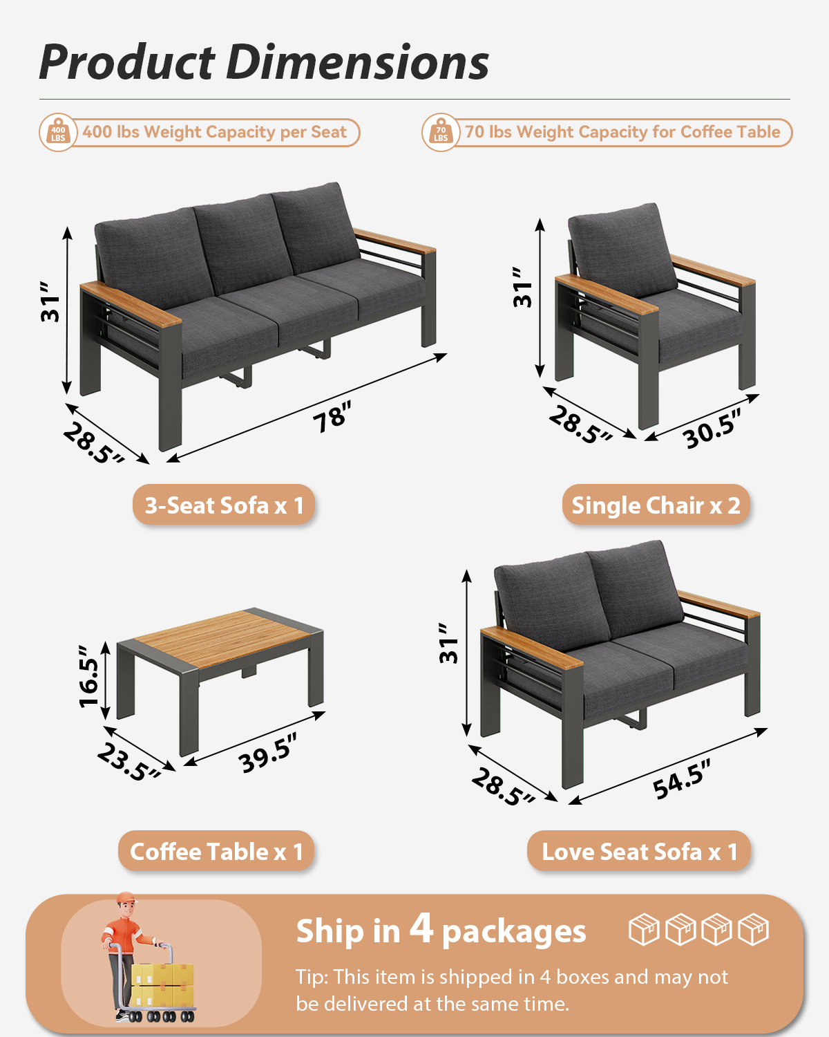 7 Seats Outdoor Patio Sectional Set with Coffee Table & Cushions - Aluminum Furniture for Backyard, Garden, Poolside (Gray)