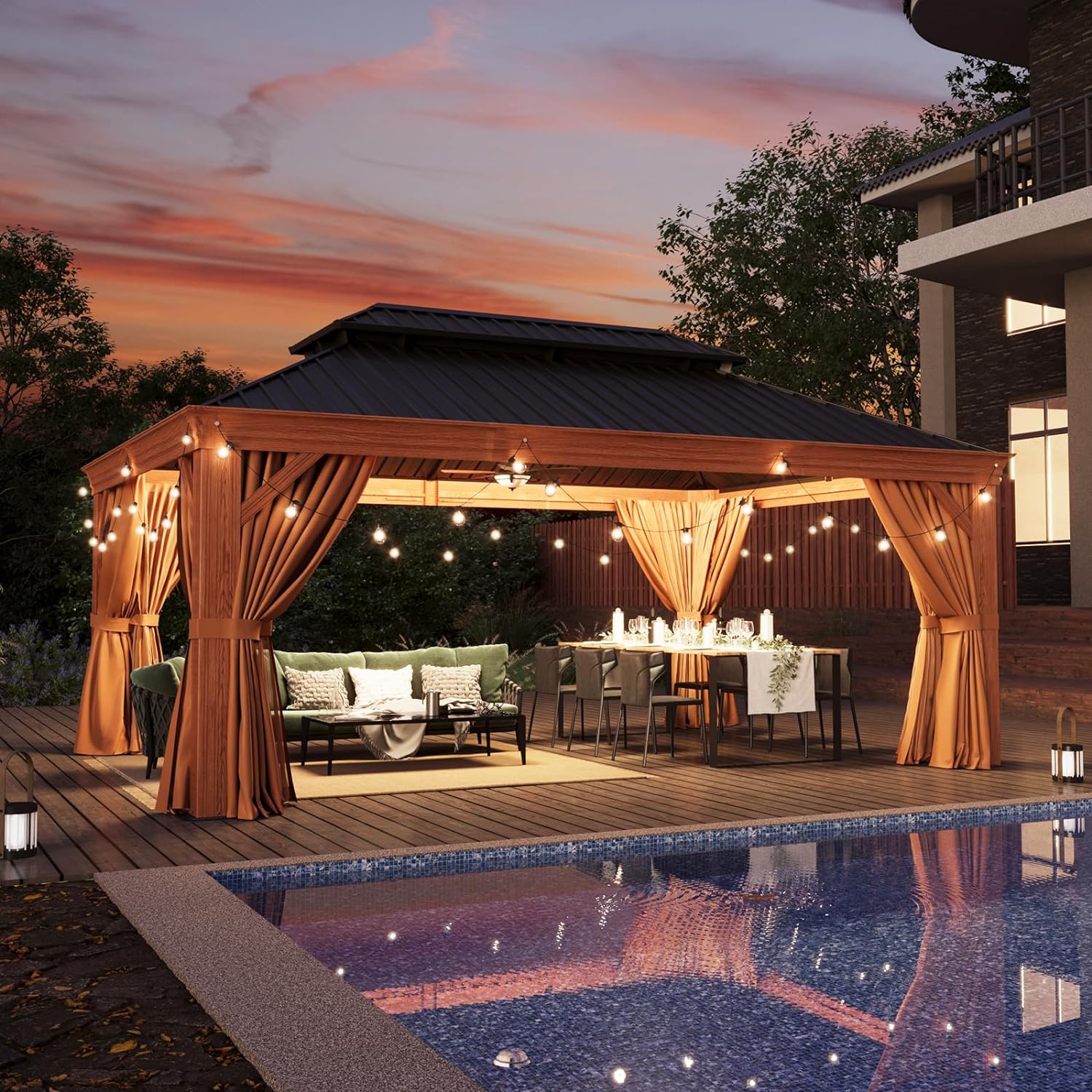 12x16 Wood Grain Hardtop Gazebo with Water Gutter, Permanent Aluminum Frame Gazebo