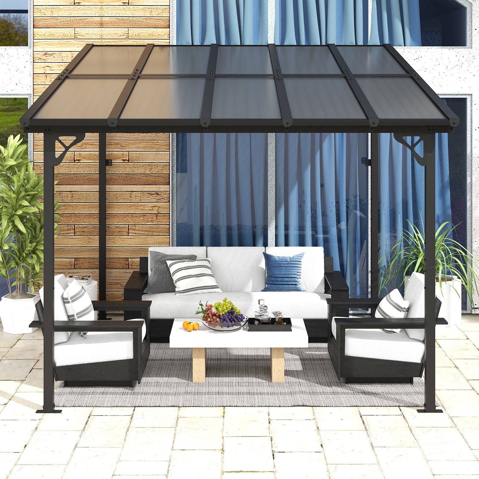 10’x 10’ Hardtop Gazebo, Outdoor Wall-mounted Pergola for Garden, Patio, Backyard, Gray