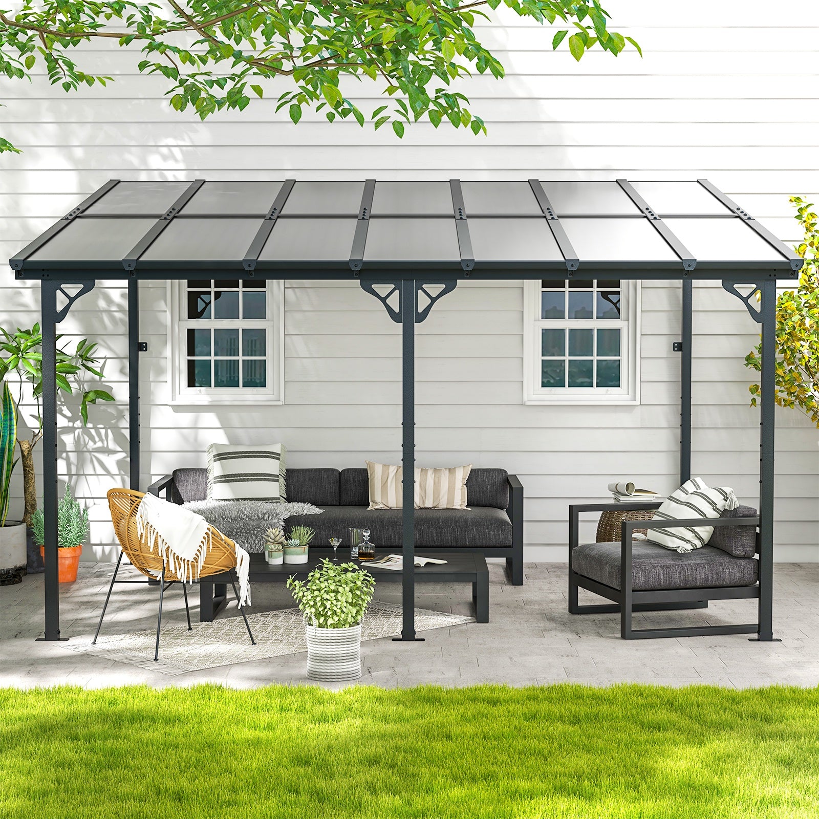 10’x 14’ Hardtop Gazebo, Outdoor Wall-mounted Pergola for Garden, Patio, Backyard, Gray