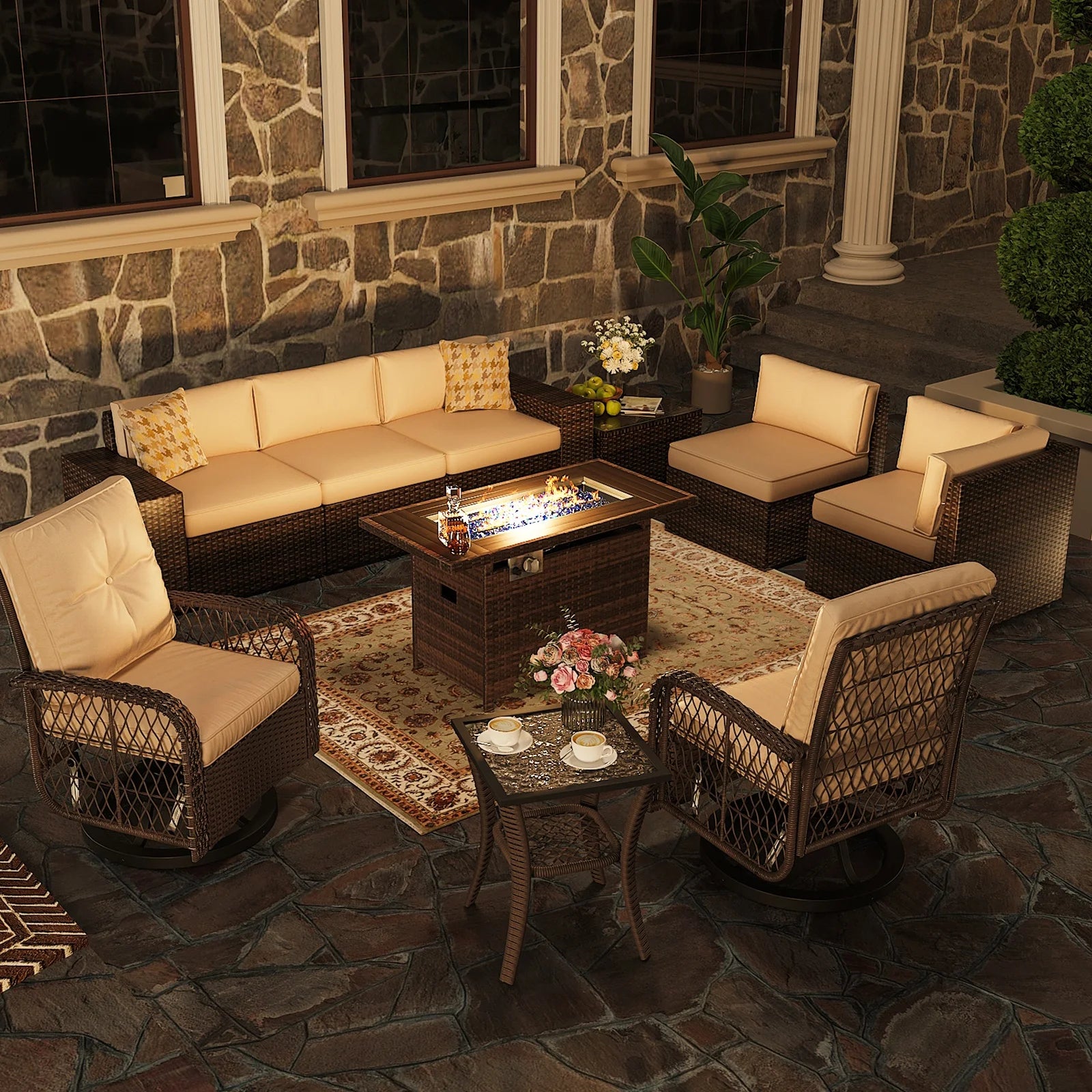 10pcs Outdoor Patio Furniture Sets with Fire Pit Table, PE Rattan Wicker Conversation Sofa Set with Swivel Chairs and Coffee Table for Lawn, Backyard,Balcony, Beige