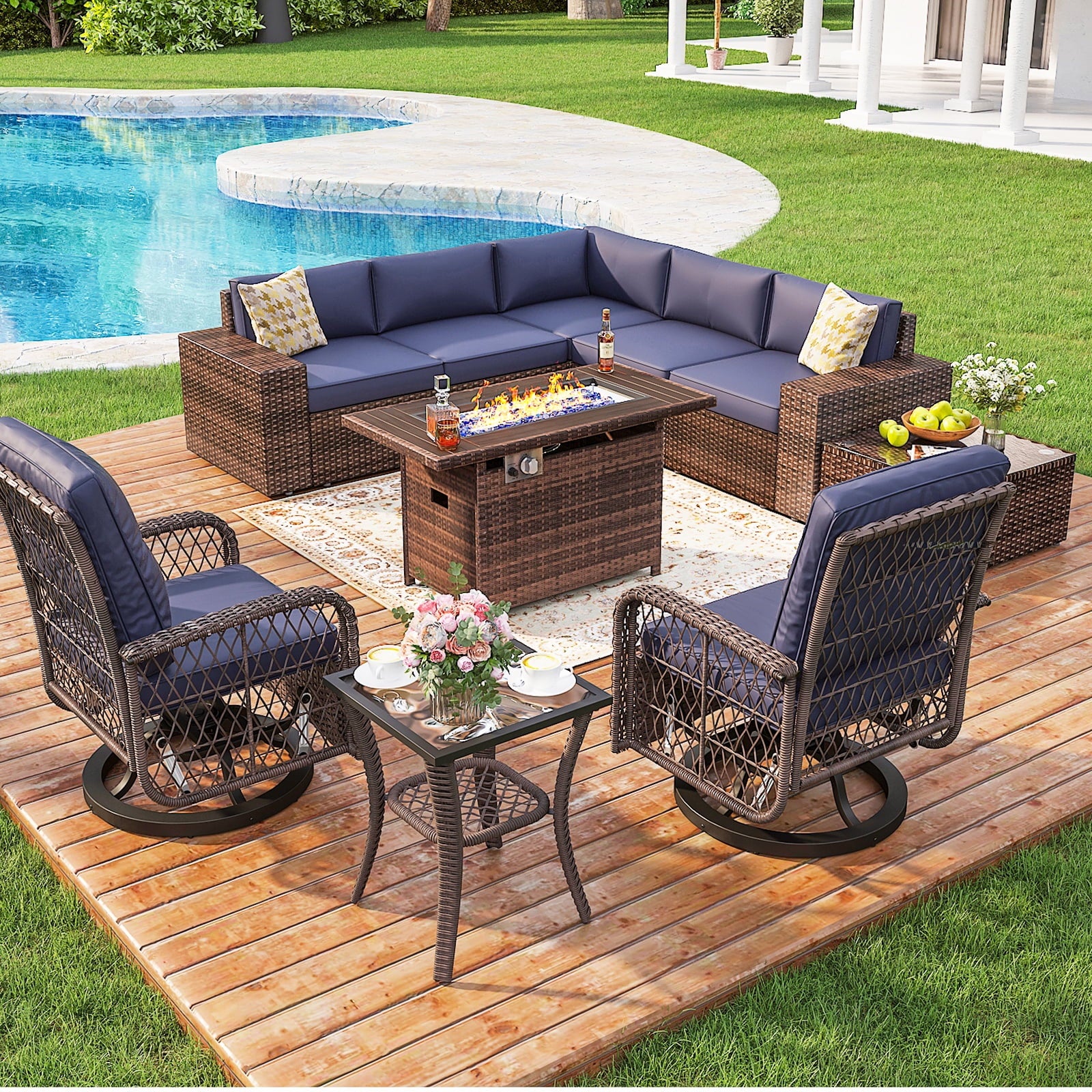 10pcs Outdoor Patio Furniture Sets with Fire Pit Table, PE Rattan Wicker Conversation Sofa Set with Swivel Chairs and Coffee Table for Lawn, Backyard,Balcony, Blue