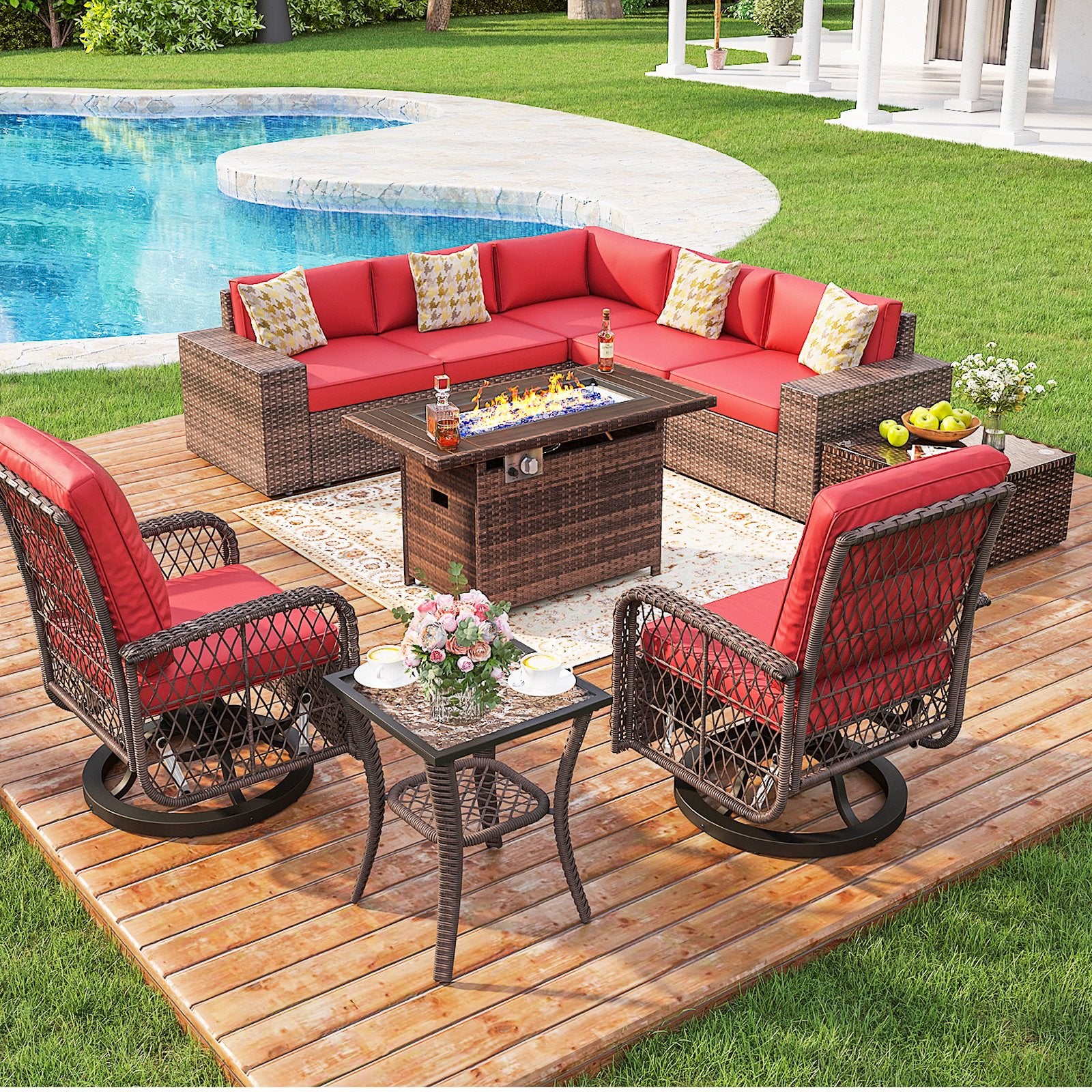 10pcs Outdoor Patio Furniture Sets with Fire Pit Table, PE Rattan Wicker Conversation Sofa Set with Swivel Chairs and Coffee Table for Lawn, Backyard,Balcony, Red
