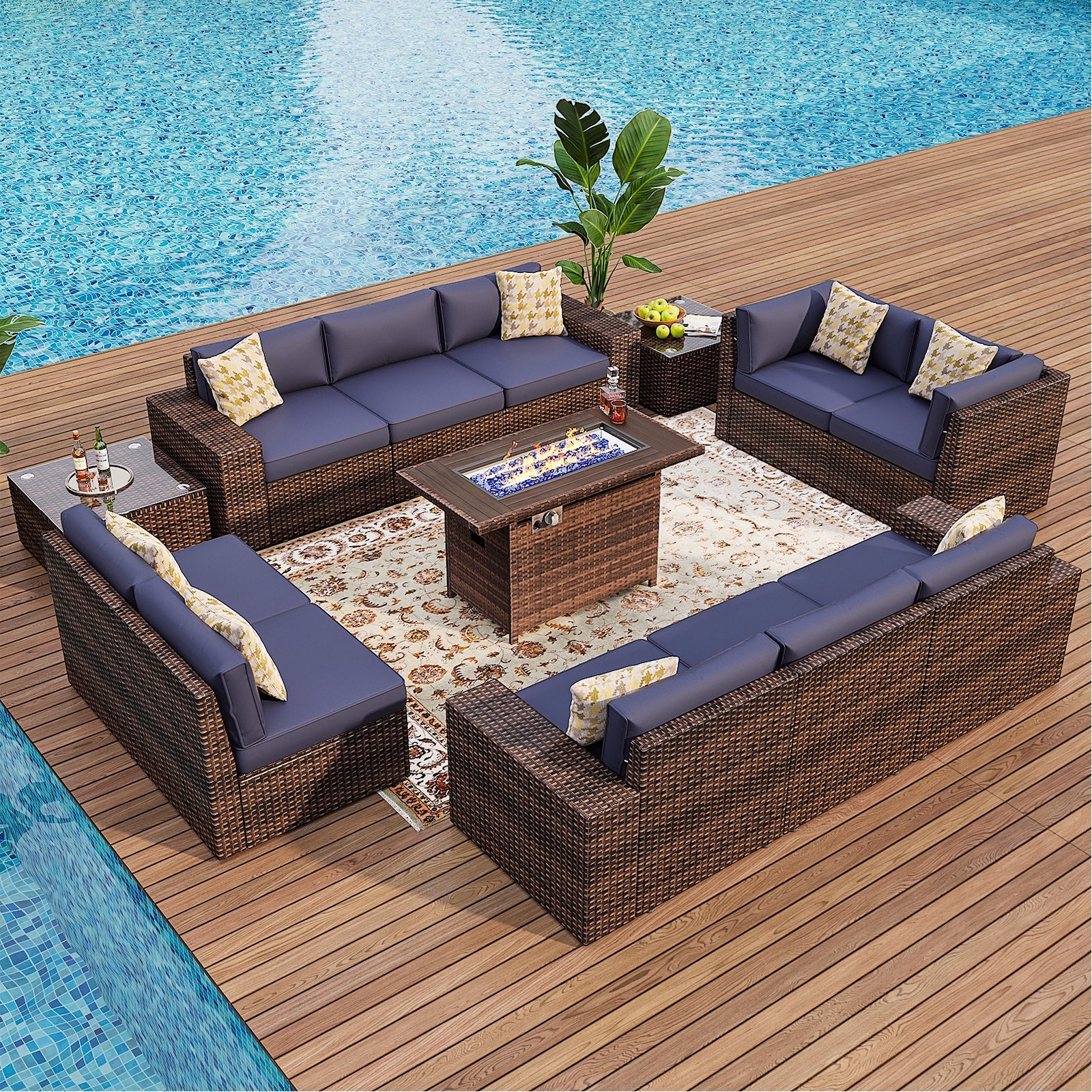 13pcs Outdoor Patio Furniture Sets with Fire Pit Table, PE Rattan Wicker Conversation Sofa Set with 2 Coffee Table for Lawn, Backyard,Balcony, Blue