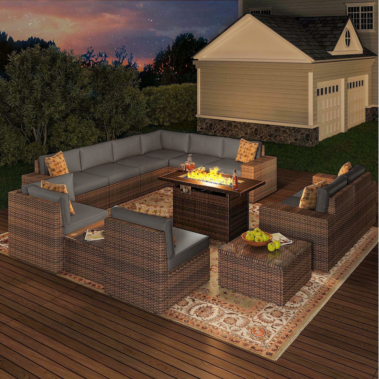 13pcs Outdoor Patio Furniture Sets with Fire Pit Table, PE Rattan Wicker Conversation Sofa Set with 2 Coffee Table for Lawn, Backyard,Balcony, Gray