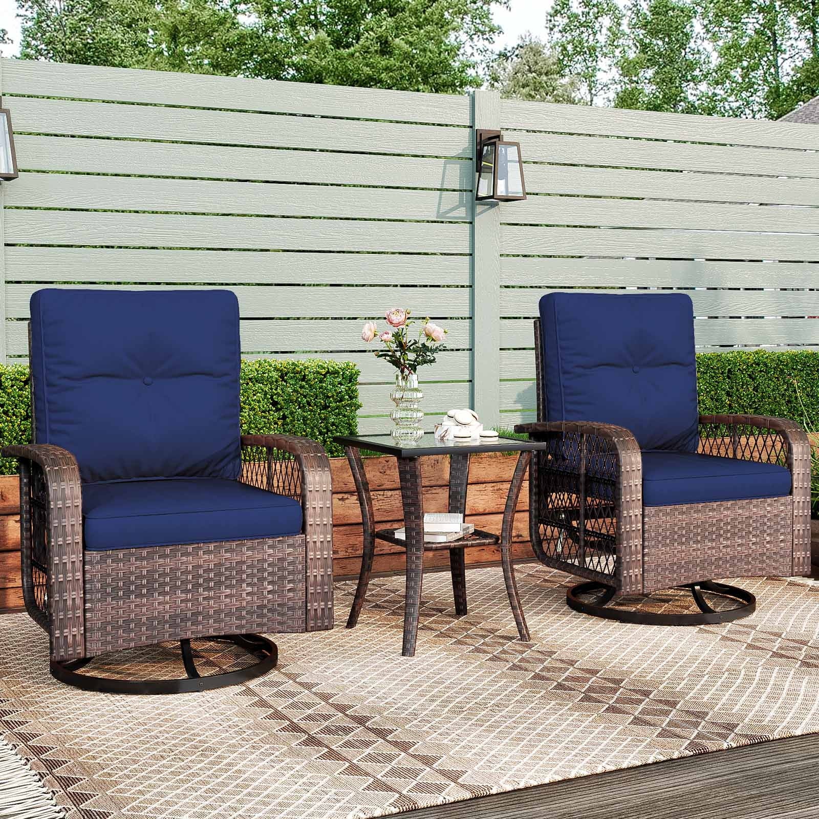 3 Pcs Patio Furniture Set, 360 Degree Swivel Rocking Chairs, Wicker Bistro Set with Glass Top Side Table, Beige