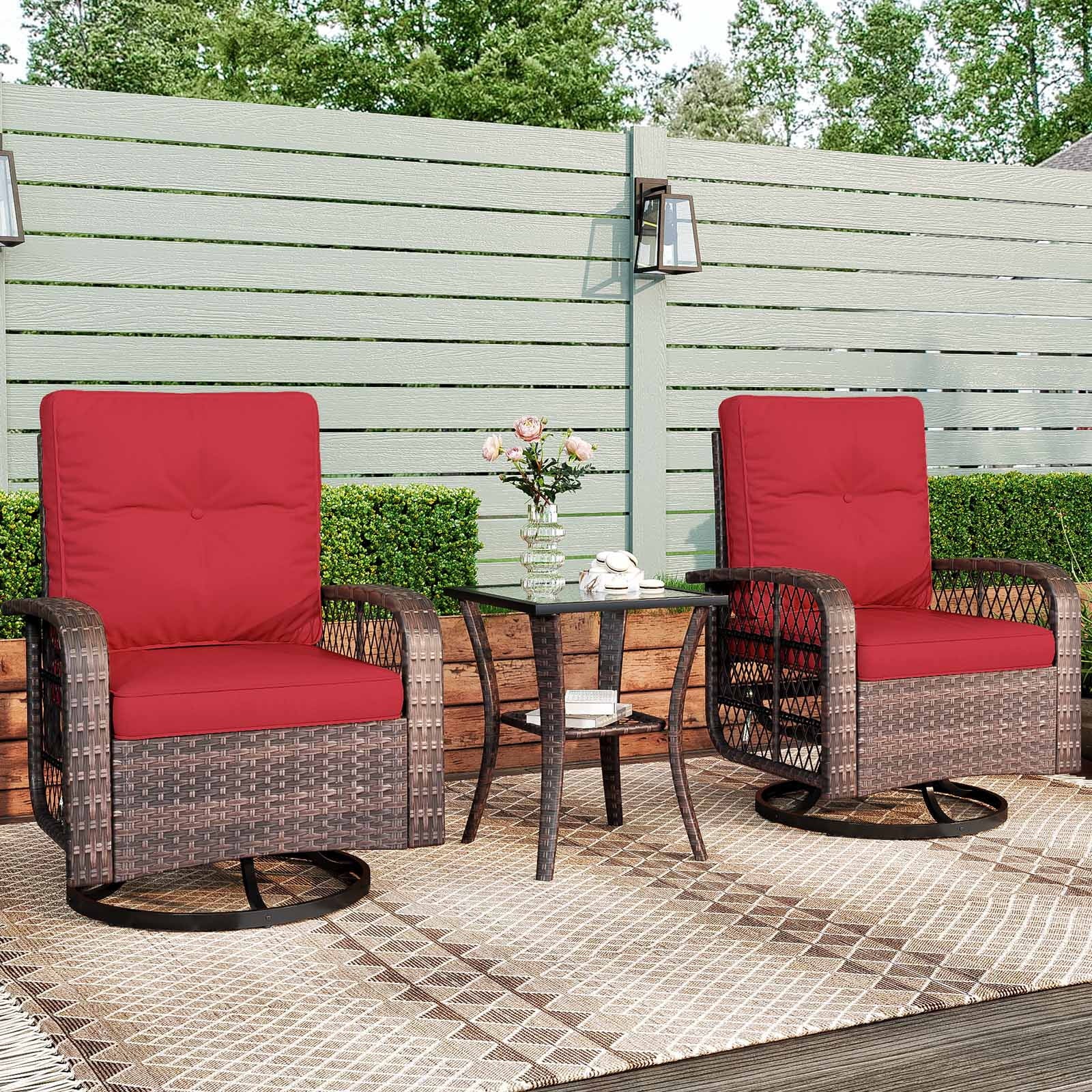 3 Pcs Patio Furniture Set, 360 Degree Swivel Rocking Chairs, Wicker Bistro Set with Glass Top Side Table, Red