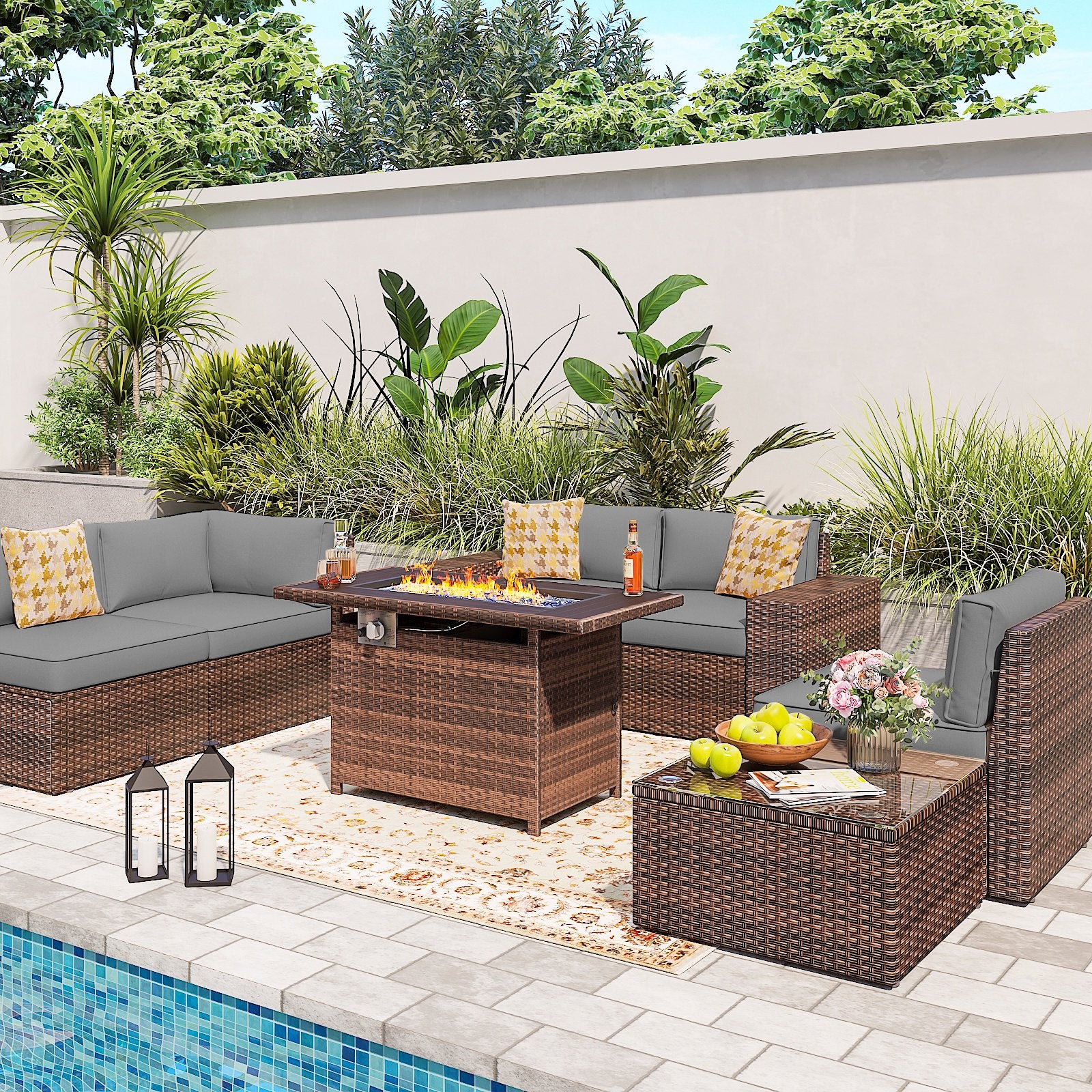 7 Pieces Outdoor Patio Furniture Sets with 44'' Fire Pit Table, PE Rattan Wicker Sectional Sofa with Coffee Table for Lawn, Backyard,Balcony, Gray