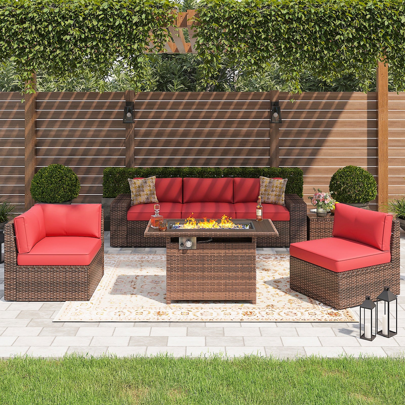 7 Pieces Outdoor Patio Furniture Sets with 44'' Fire Pit Table, PE Rattan Wicker Sectional Sofa with Coffee Table for Lawn, Backyard,Balcony, Red