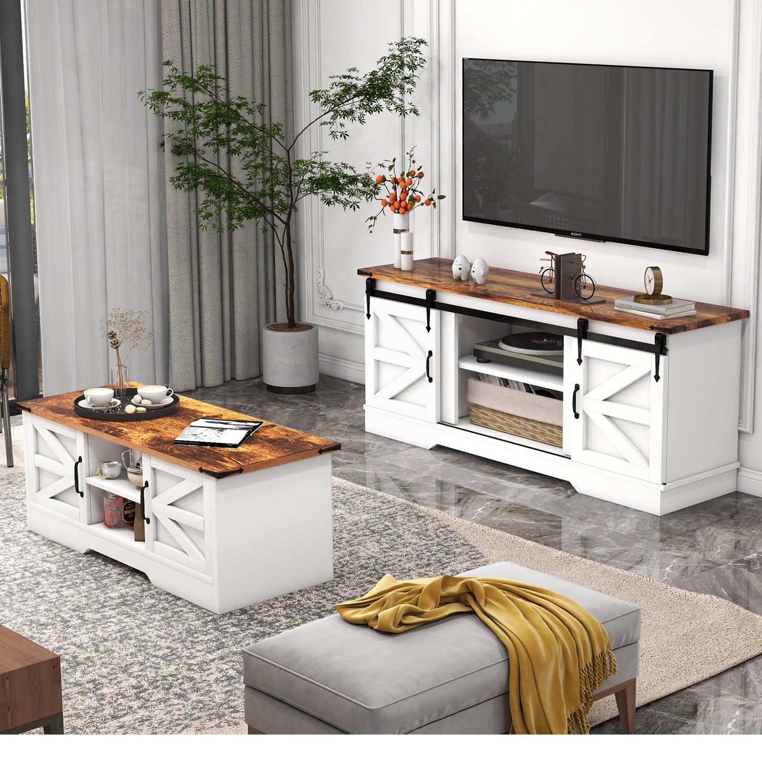 2-Piece Modern Farmhouse Furniture Set, White TV Stand for TVs up to 65-Inch, Farmhouse Coffee Table with Large Storage Space for Living Room, Family Room