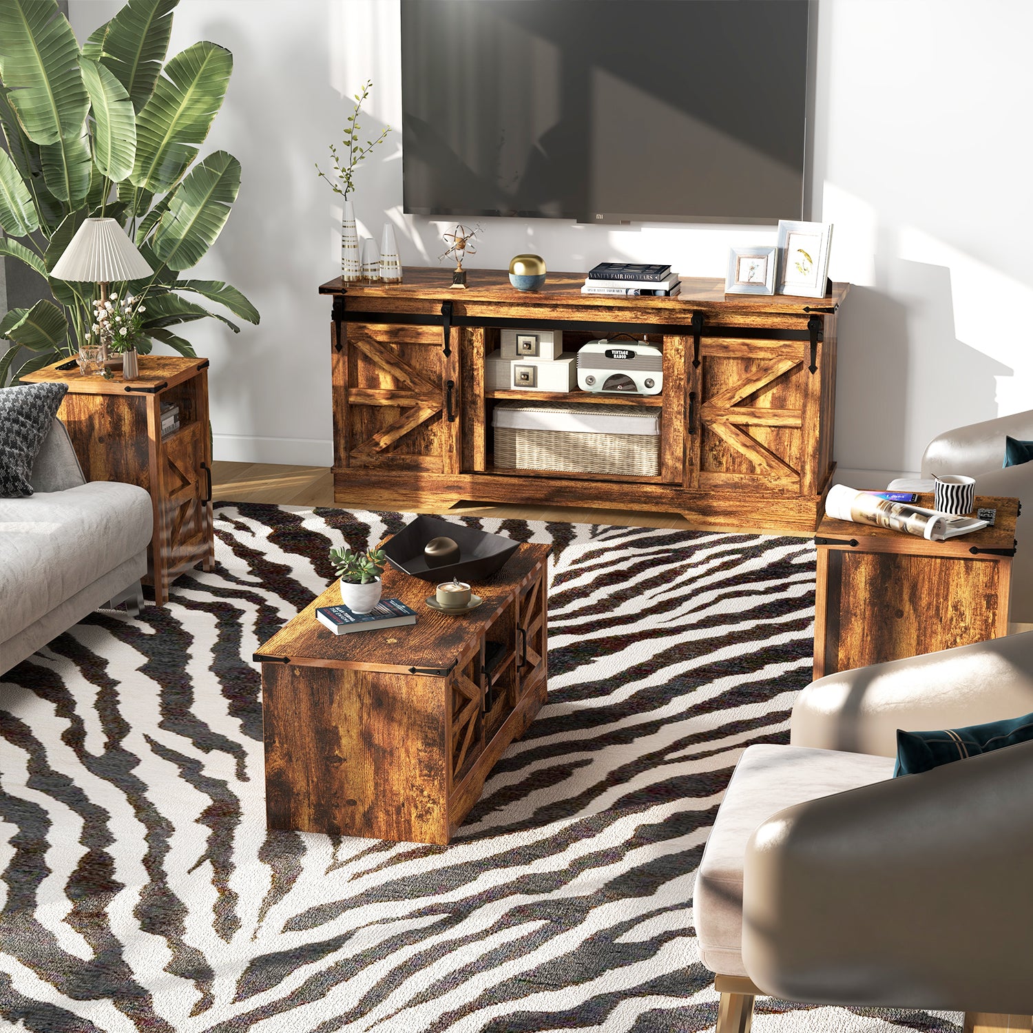 4-Piece Modern Farmhouse Furniture Set, Rustic Brown TV Stand for TVs up to 65-Inch, Two End Table with Charging Stake and USB Port, Farmhouse Coffee Table for Living Room, Family Room