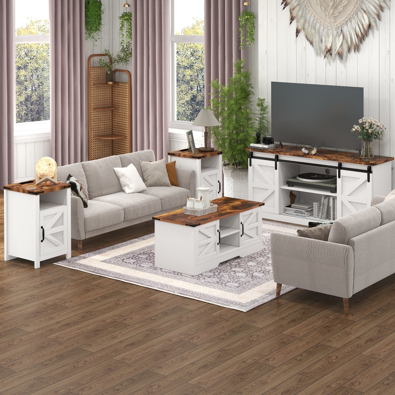 4-Piece Modern Farmhouse Furniture Set, Rustic Brown TV Stand for TVs up to 65-Inch, Two End Table with Charging Stake and USB Port, Farmhouse Coffee Table for Living Room, Family Room