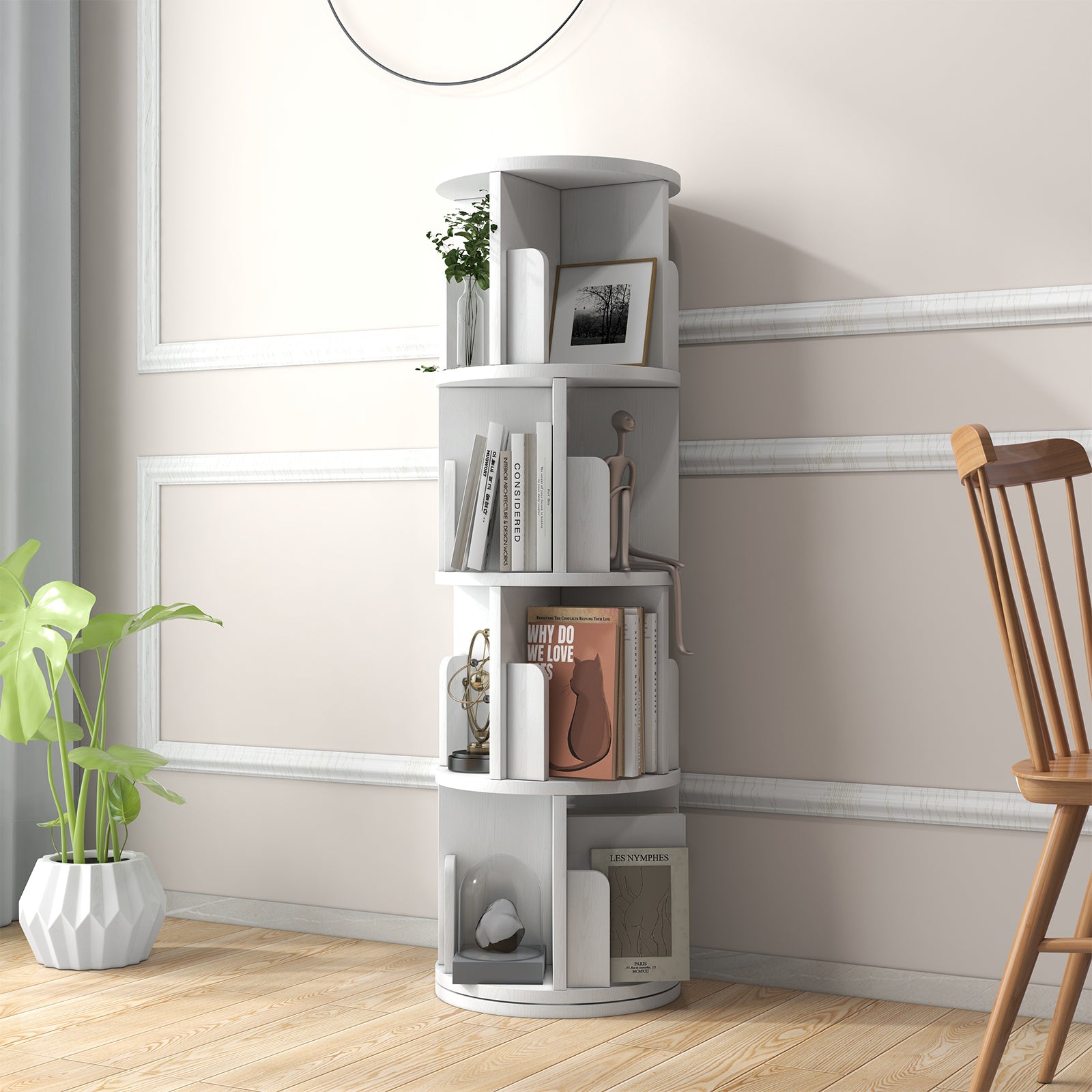 4 Tier Rotating Bookshelf, 360° Rotating Wood Floor Standing Bookcase, Freestanding Storage Shelf, Swivel Bookshelf Display Rack, White