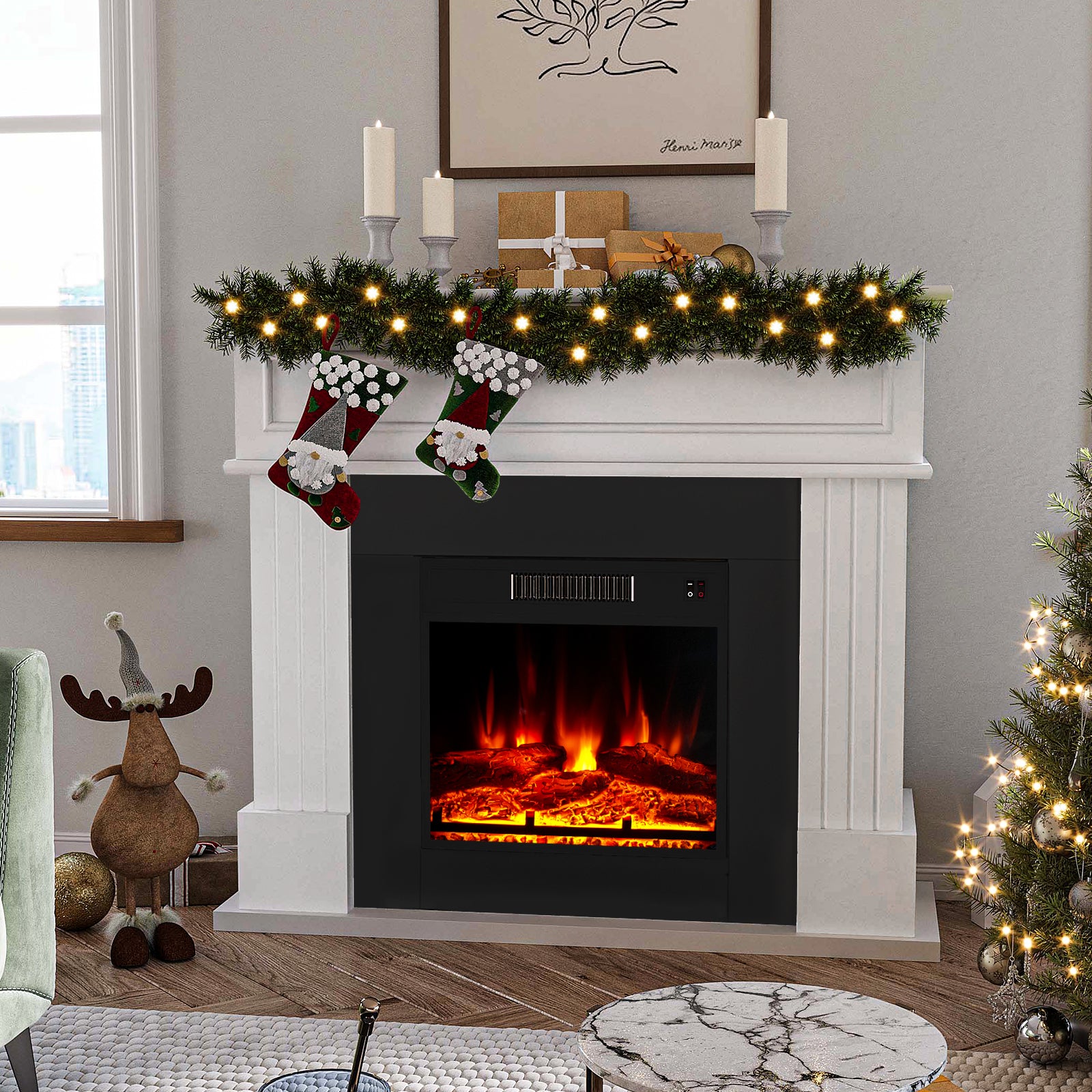 43" Electric Fireplace with Mantel, White Finish