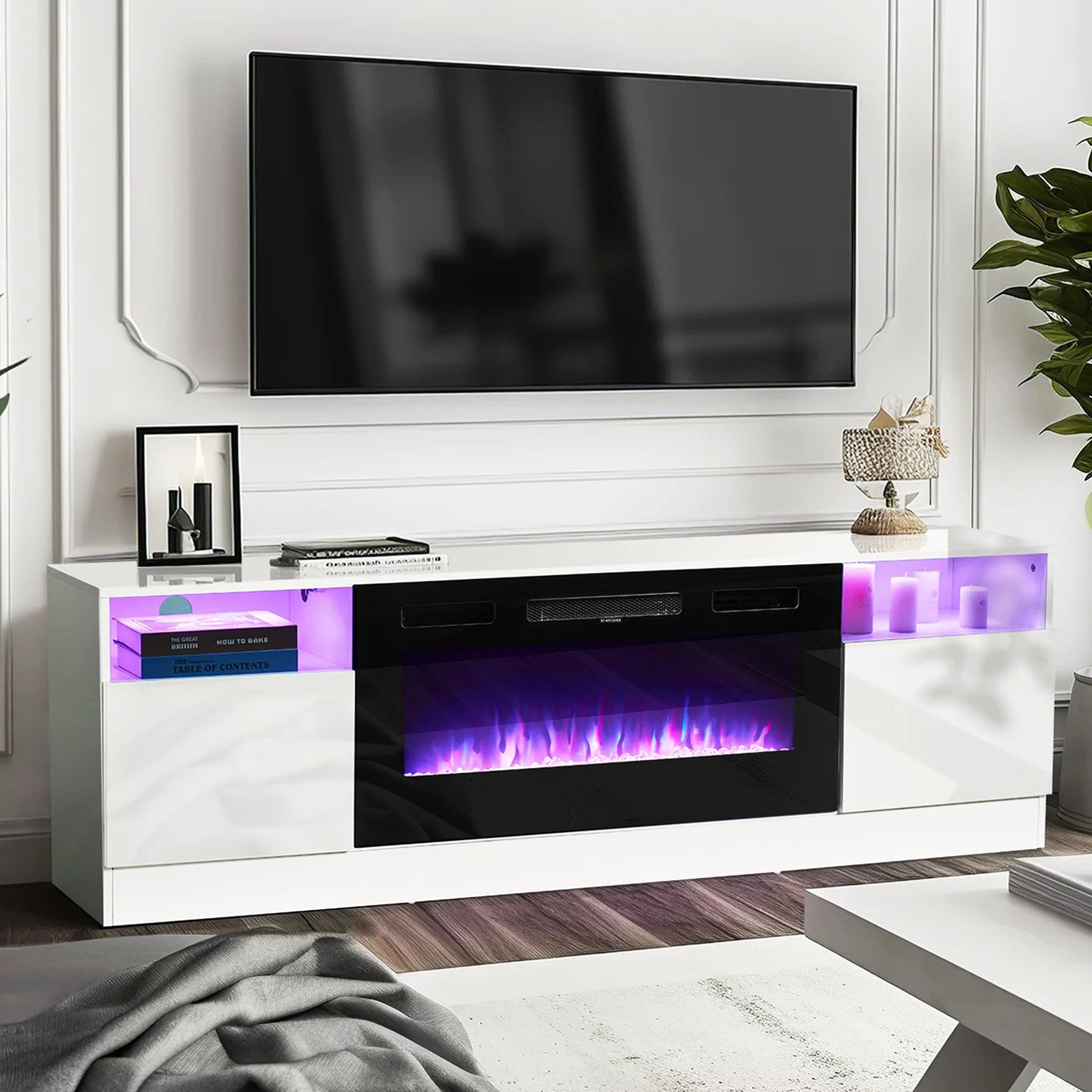 70 inch Fireplace TV Stand, White TV Stand with Fireplace for TVs up to 80", 12 LED Colors