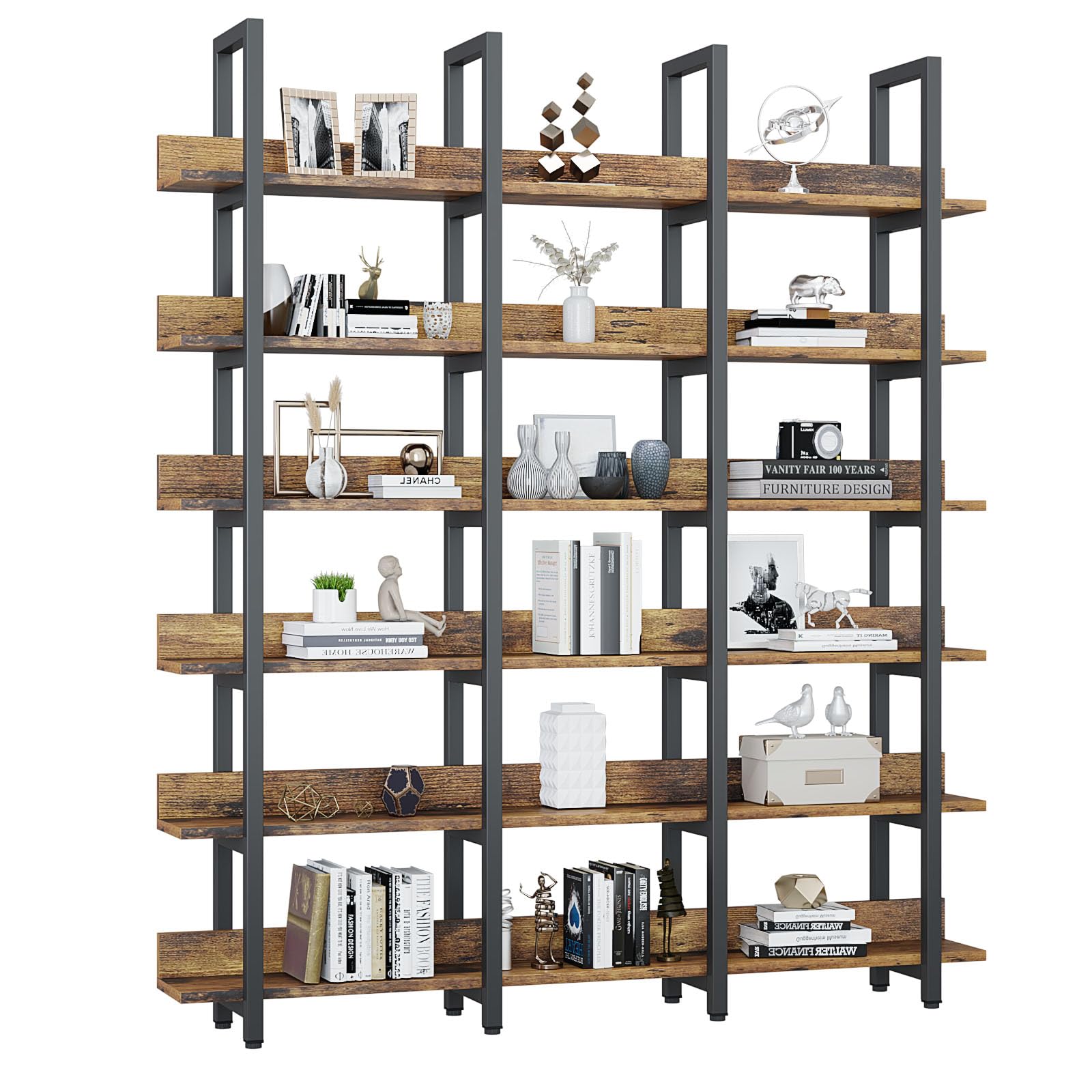 Bookcase and Bookshelves Triple Wide 6 Tiers Large Open Shelves, Vintage Bookcase for Office Home Decoration, Easy to Assemble, Classical Brown