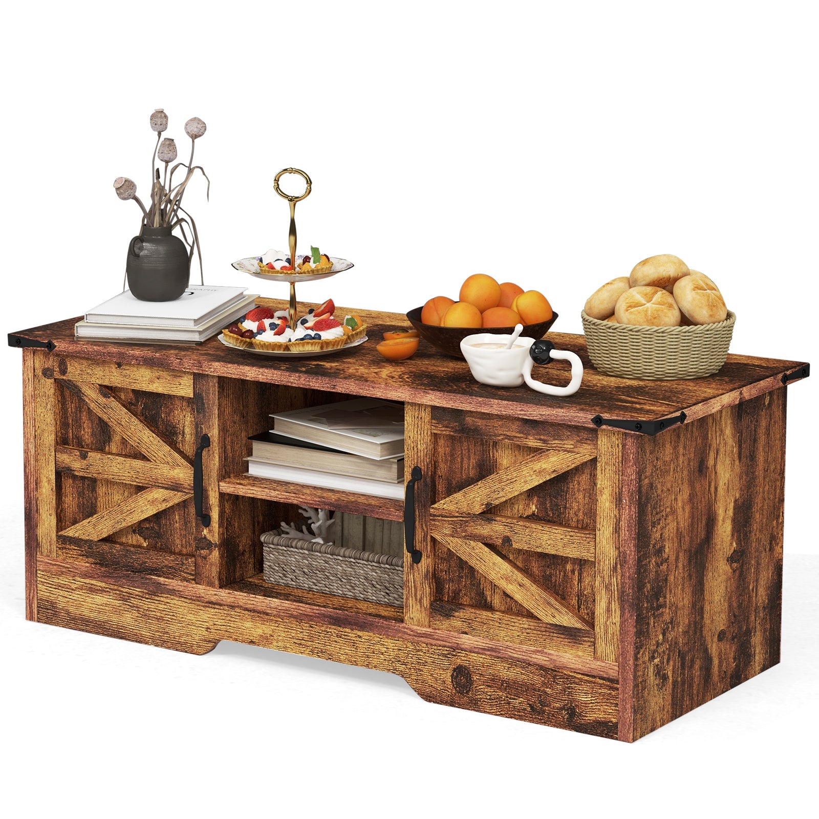 Coffee Table, Farmhouse & Industrial Center Table with Storage, Rustic
