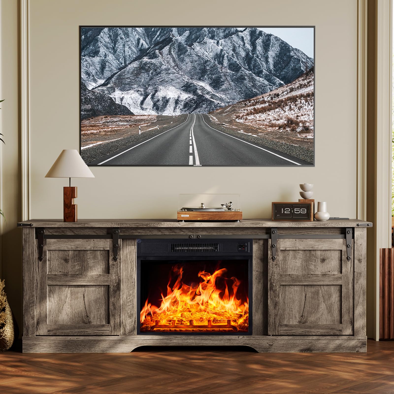 Fireplace TV Stand with 18” Electric Fireplace, Farmhouse 58” TV Console Stand for TVs Up to 65", Entertainment Center for The Living Room TV Stand, Gray