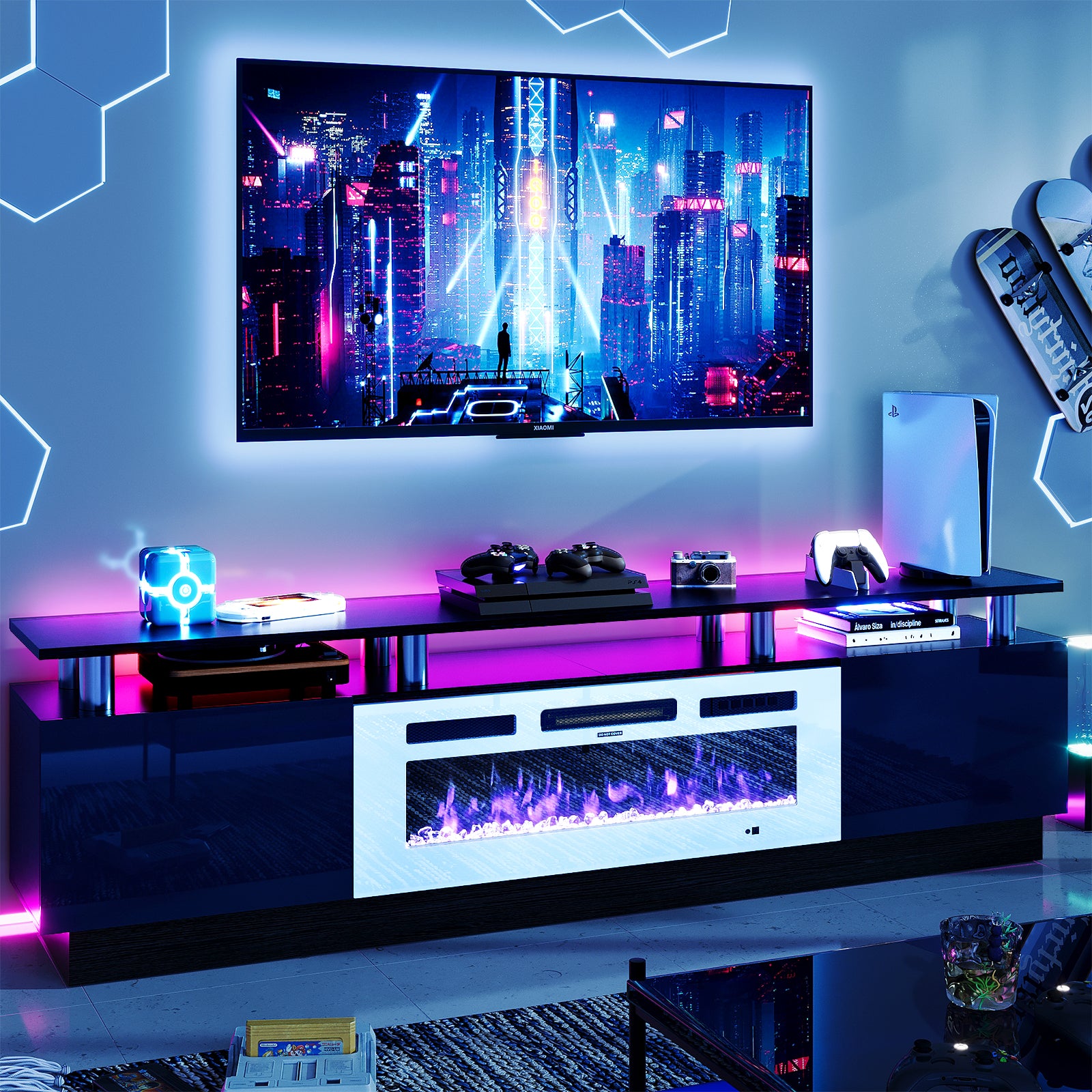 Fireplace TV Stand with 36” Electric Fireplace, Entertainment Center for TVs up to 90", LED Lights Entertainment Center, TV Console, Black&White