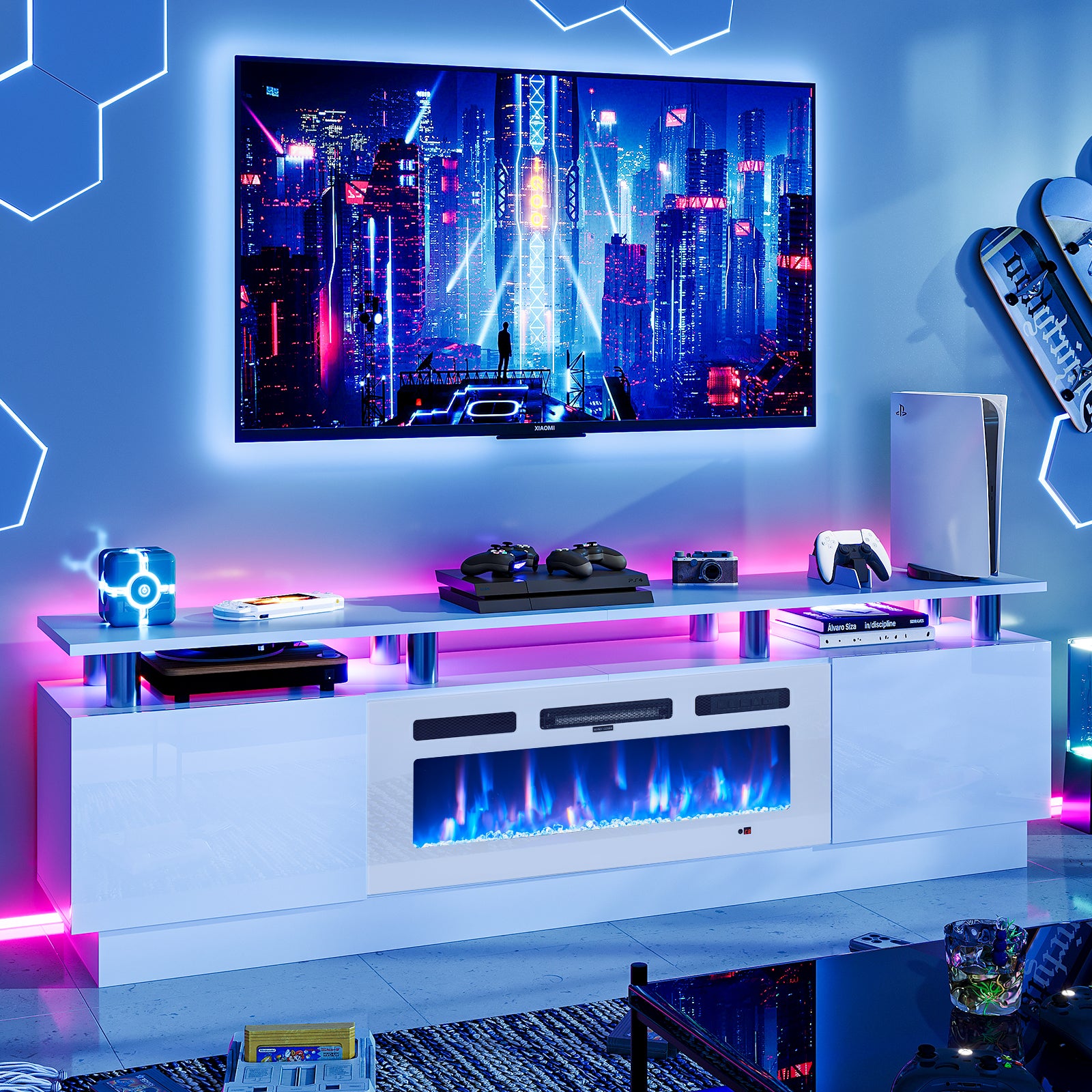 Fireplace TV Stand with 36” Electric Fireplace, Entertainment Center for TVs up to 90", LED Lights Entertainment Center, TV Console, White&White