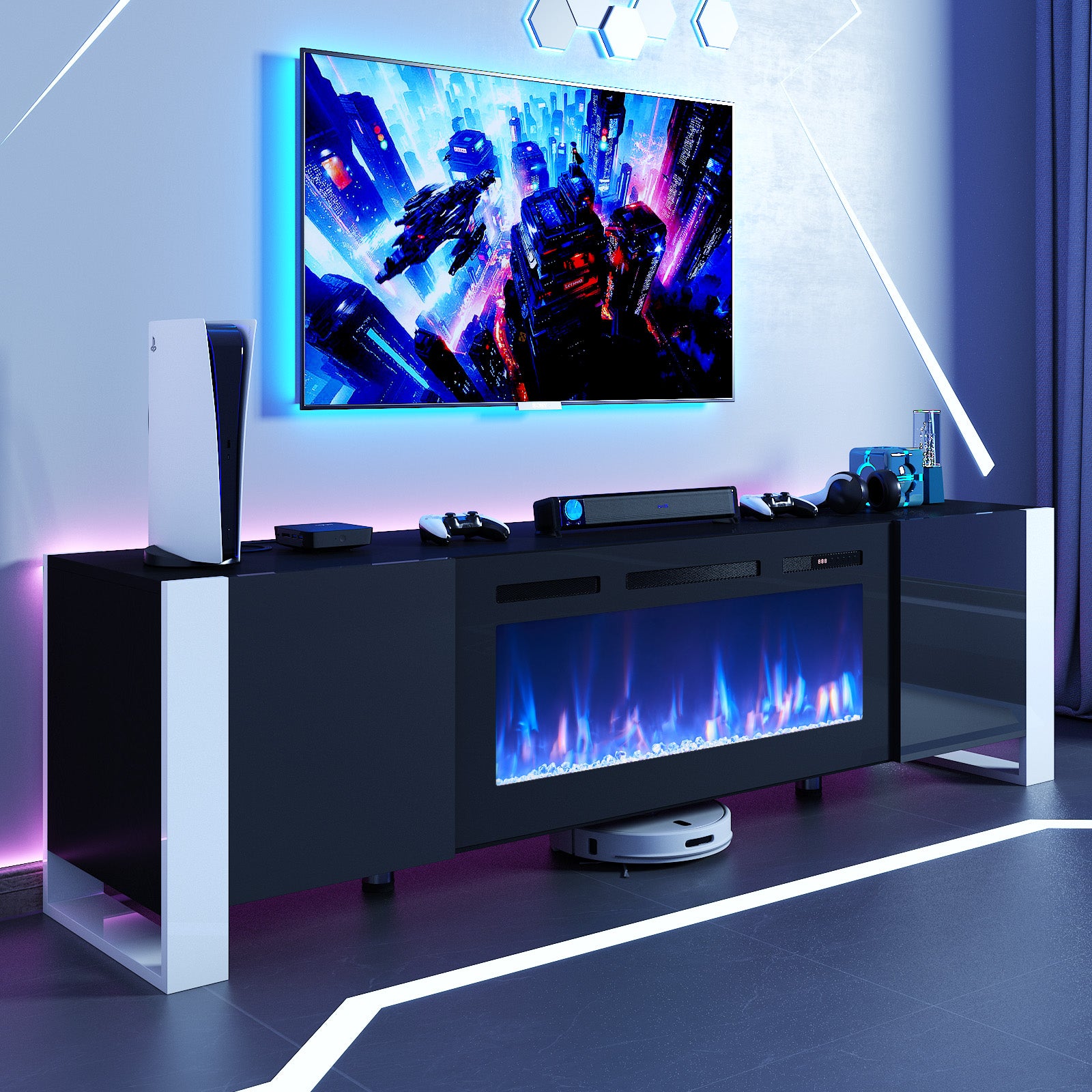 Fireplace TV Stand with 36" Fireplace, 70" Modern Entertainment Center LED Lights, Adjustable Legs TV Console Cabinet for TVs Up to 80", Black TV Stand and Black Fireplace