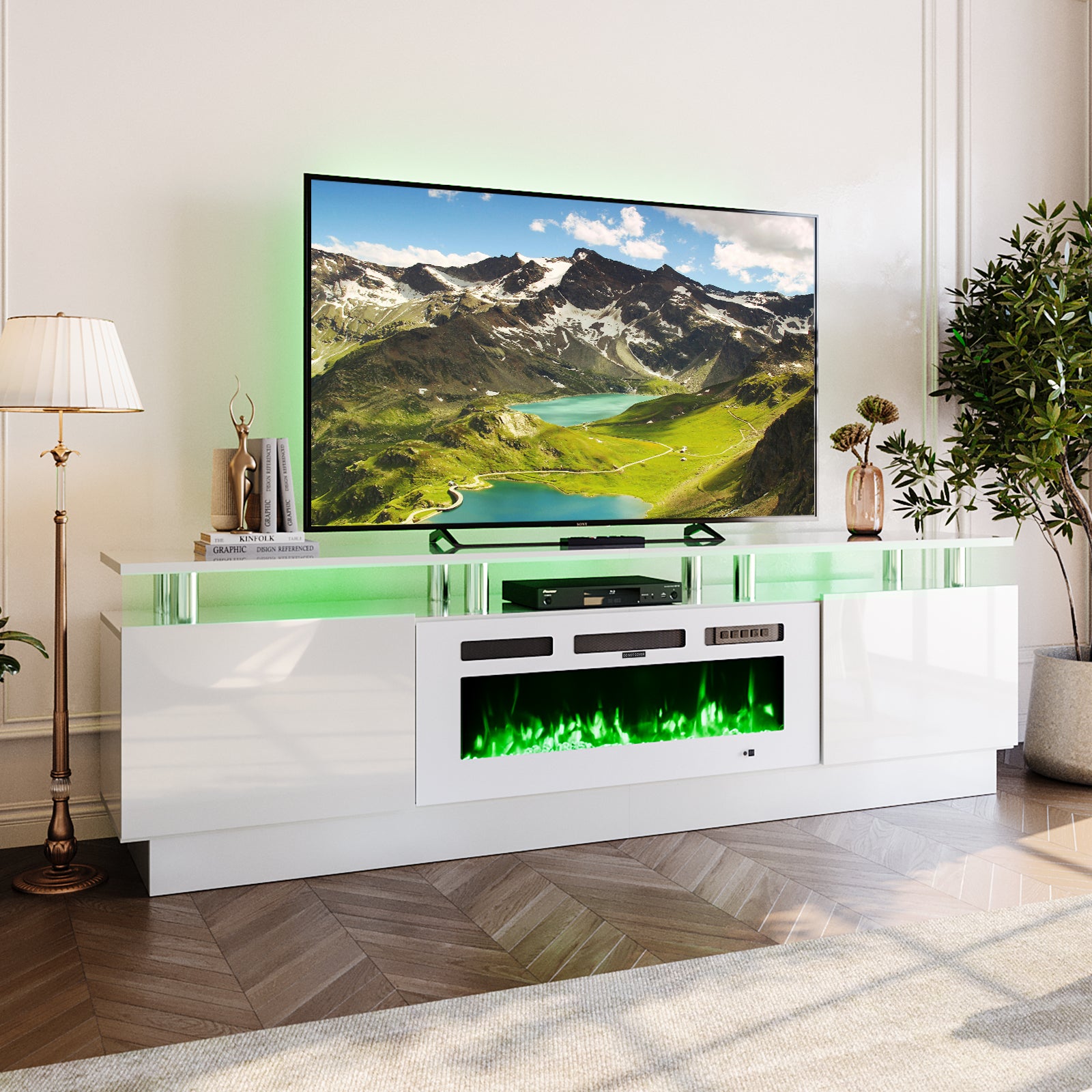 Oneinmil Fireplace TV Stand, Entertainment Center for TVs up to 80", 70” TV Stand with 36'' Electric Fireplace, LED Lights Entertainment Center, TV Console, White&White