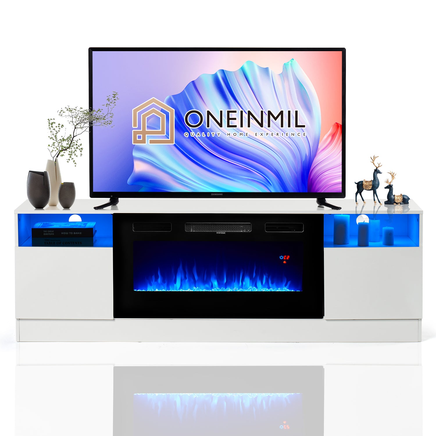 Fireplace TV Stand, Entertainment Center for TVs up to 80", 70” TV Stand with 36'' Electric Fireplace, LED Lights Entertainment Center, TV Console, White