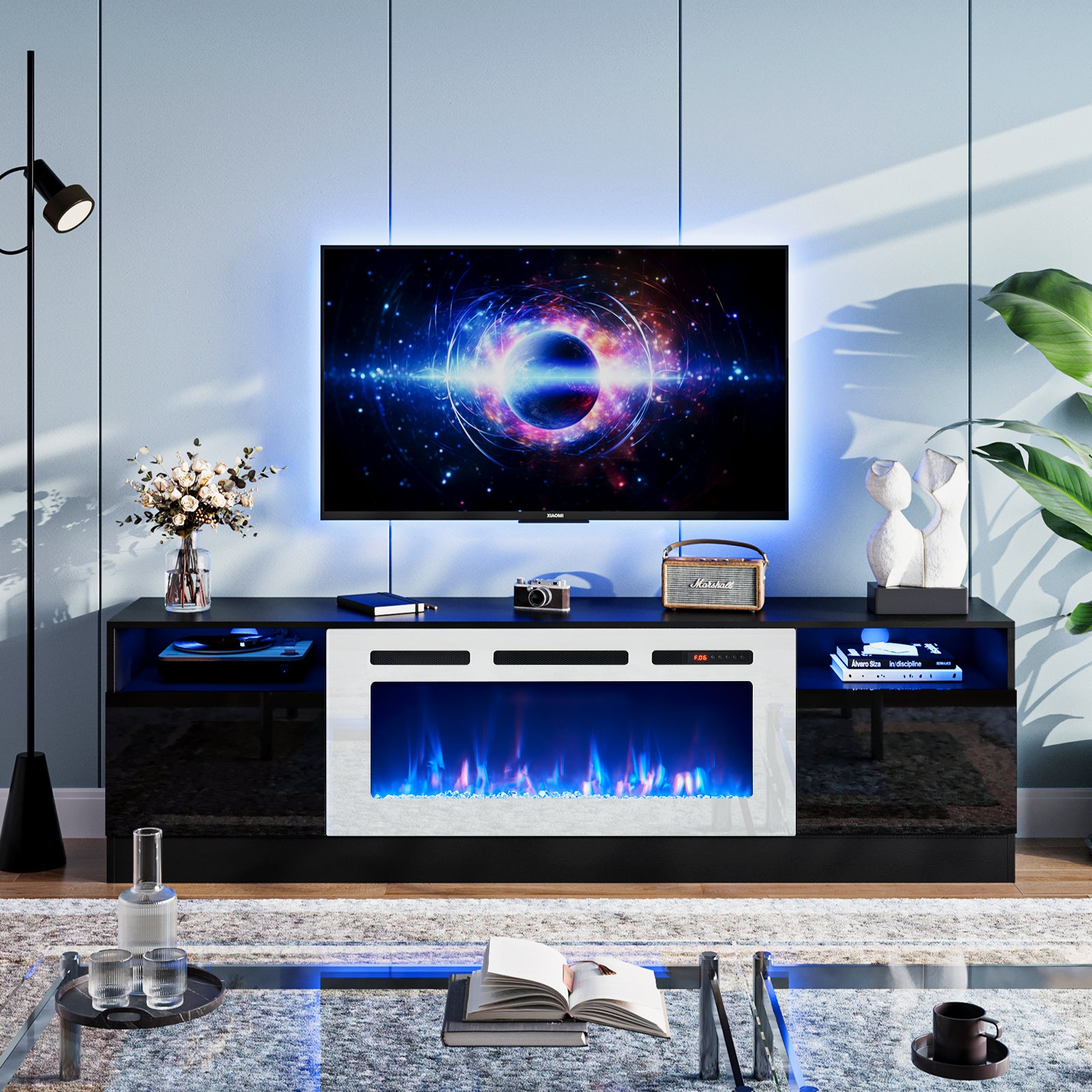 Fireplace TV Stand for TVs up to 90", 80" TV Stand with 36" Electric Fireplace, With 12 Color LED Lights Entertainment Center, Black