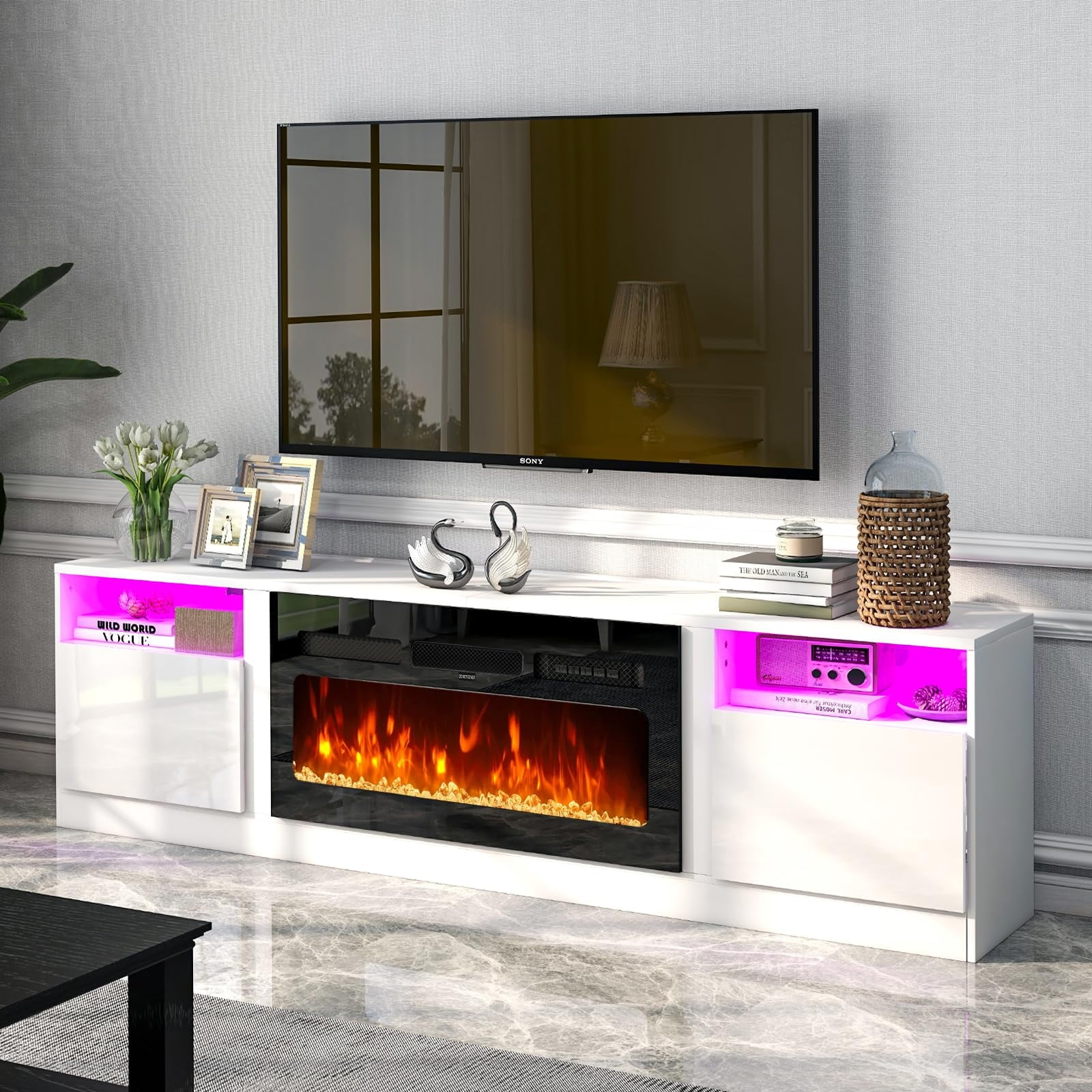 Fireplace TV Stand for TVs up to 90", 80" TV Stand with 36" Electric Fireplace, With 12 Color LED Lights Entertainment Center, White