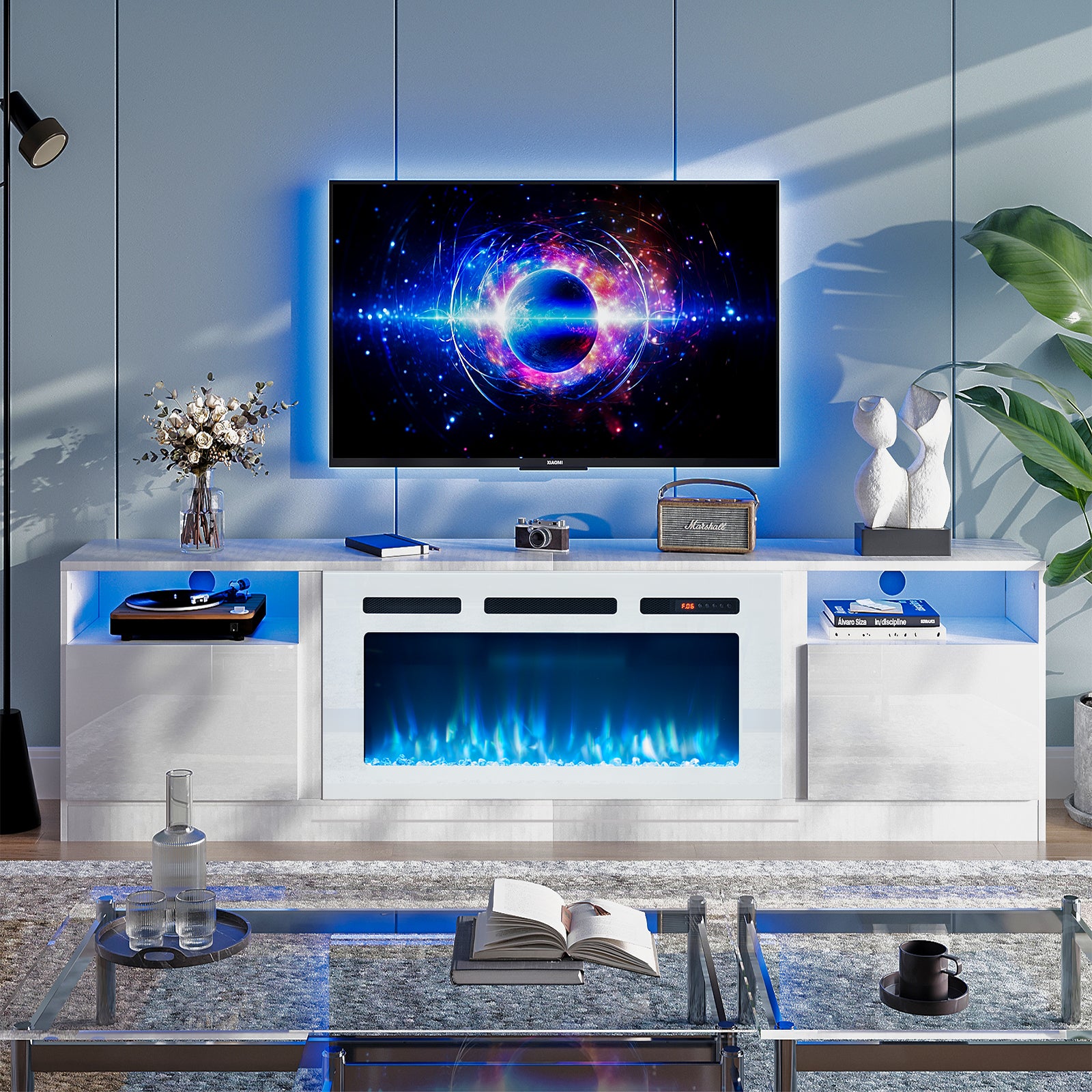 Fireplace TV Stand for TVs up to 90", 80" TV Stand with 36" Electric Fireplace, With 12 Color LED Lights Entertainment Center, White